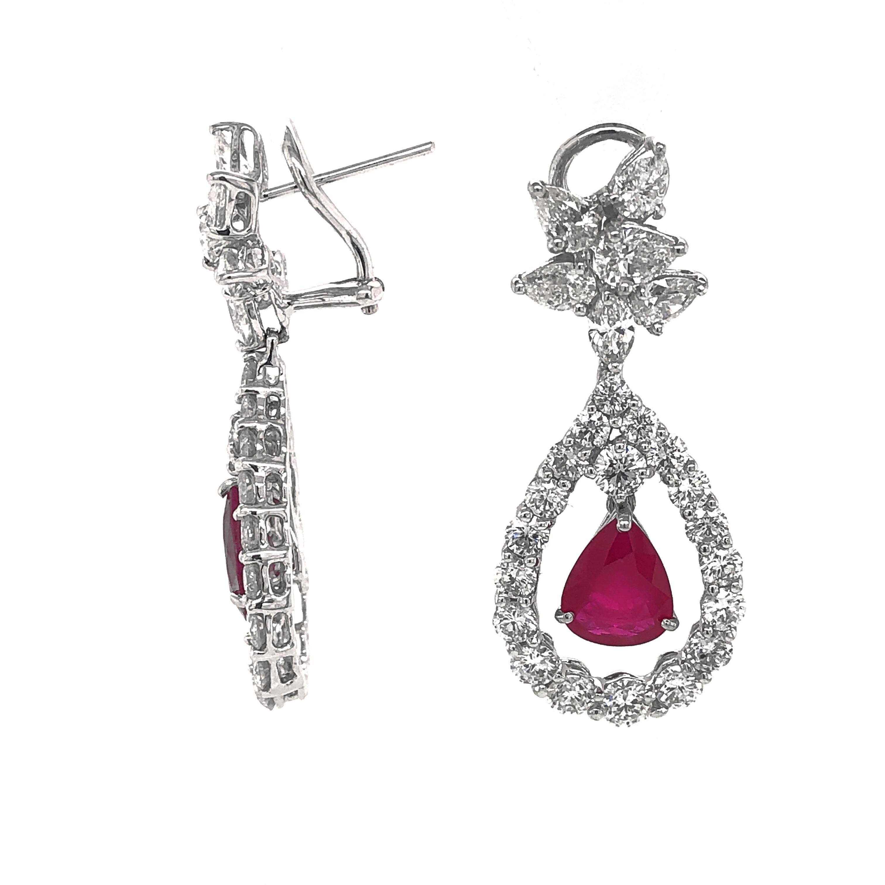 Women's Burmese Pear Cut Ruby 5.94 Carat Diamonds Platinum Earrings For Sale