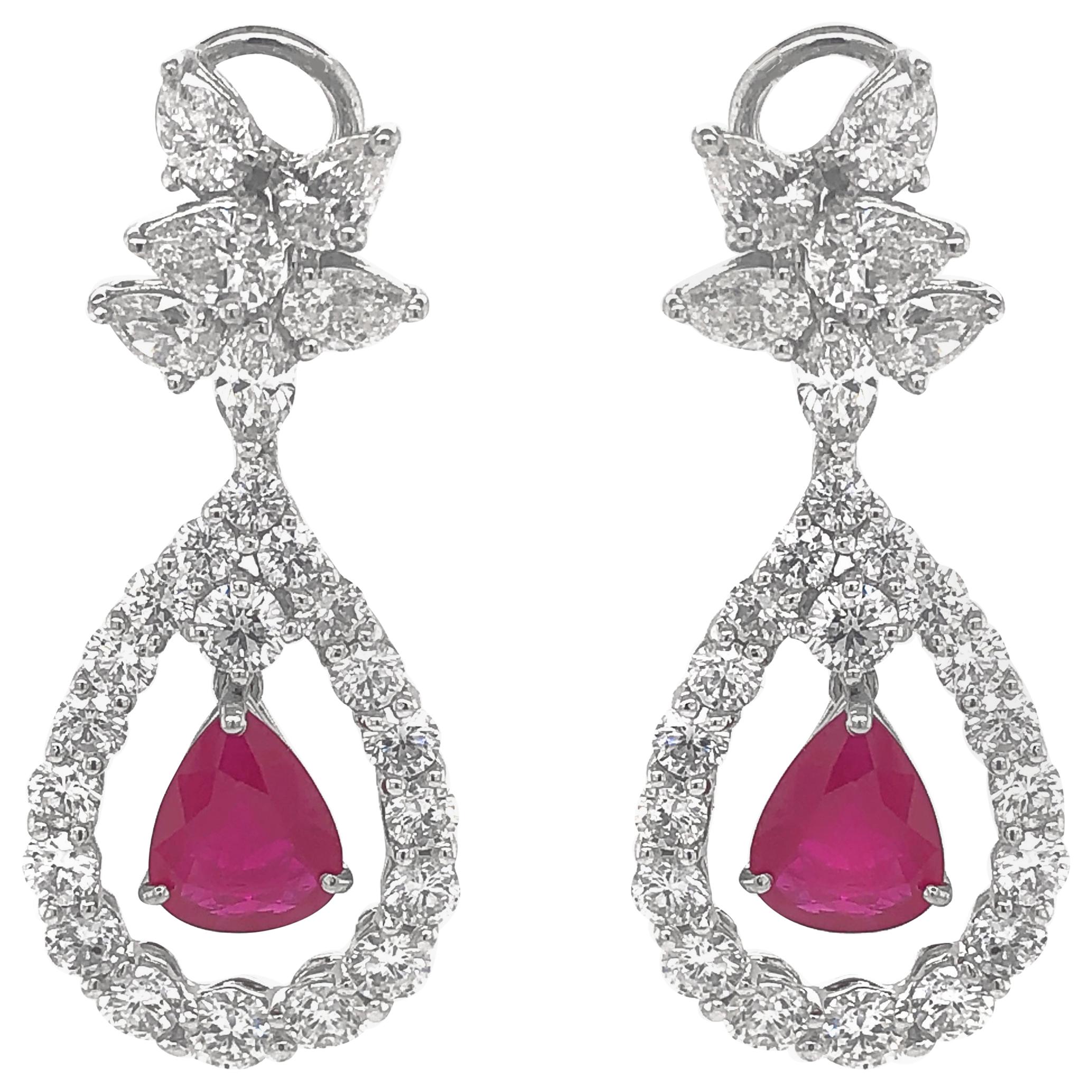 Burmese Pear Cut Ruby 5.94 Carat Diamonds Platinum Earrings For Sale