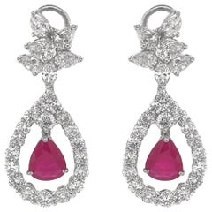 Burmese Pear Cut Ruby 5.94 Carat Diamonds Platinum Earrings