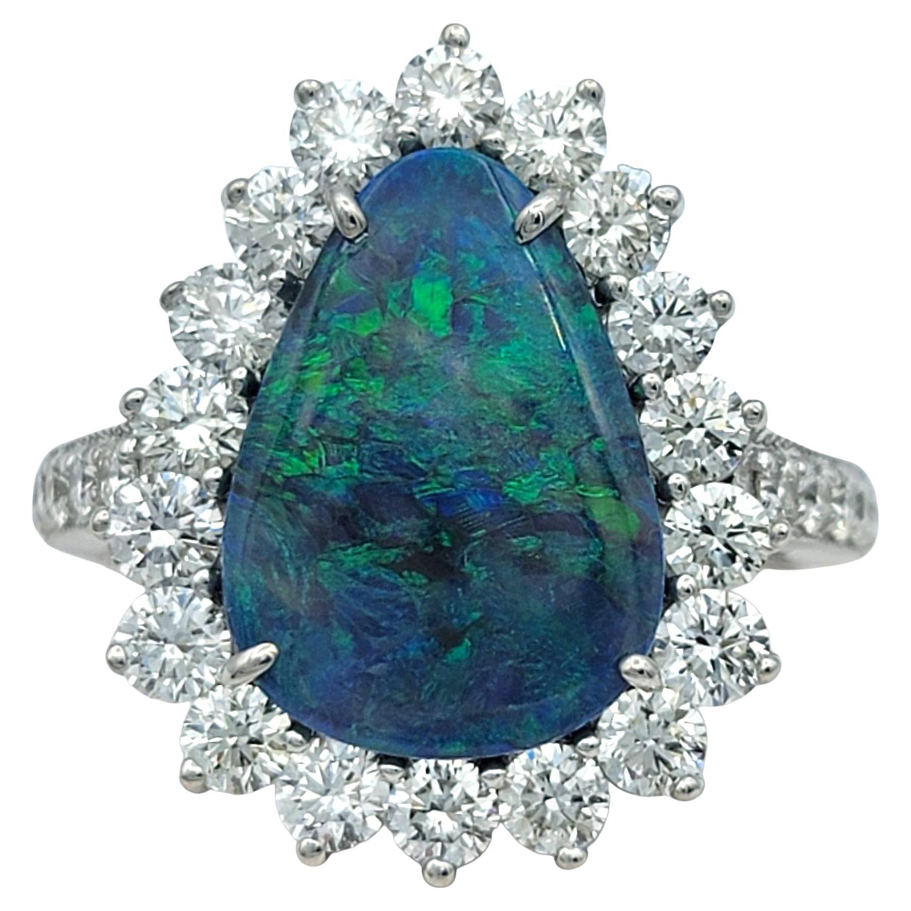 Pear Cut Black Opal with Diamond Halo Cocktail Ring in 14 Karat White Gold