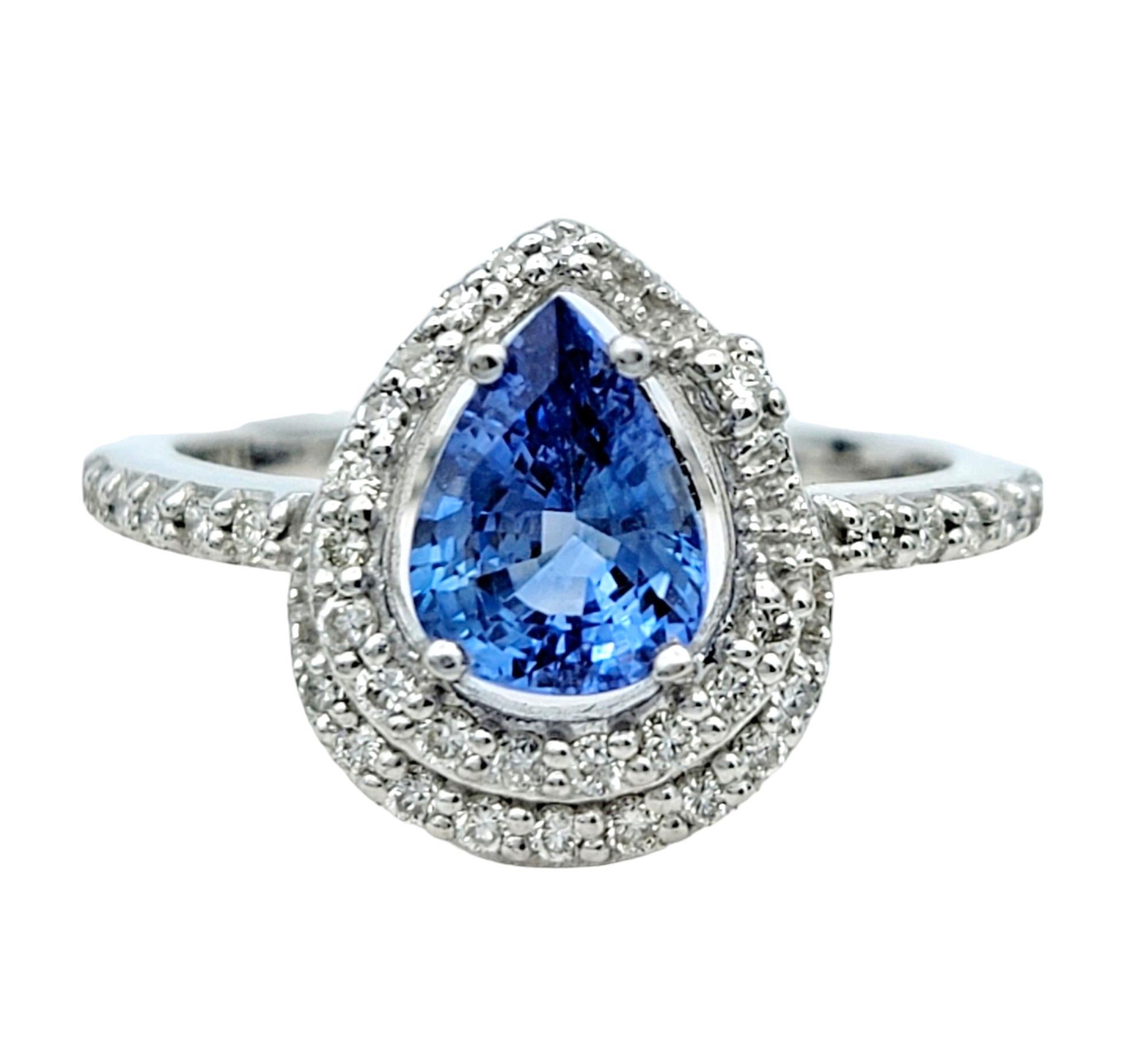 Pear Cut Blue Ceylon Sapphire and Diamond Halo Ring Set in 18 Karat White Gold In Good Condition For Sale In Scottsdale, AZ