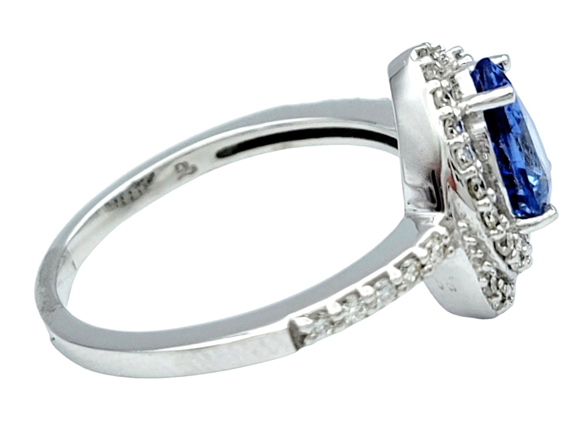 Women's Pear Cut Blue Ceylon Sapphire and Diamond Halo Ring Set in 18 Karat White Gold For Sale