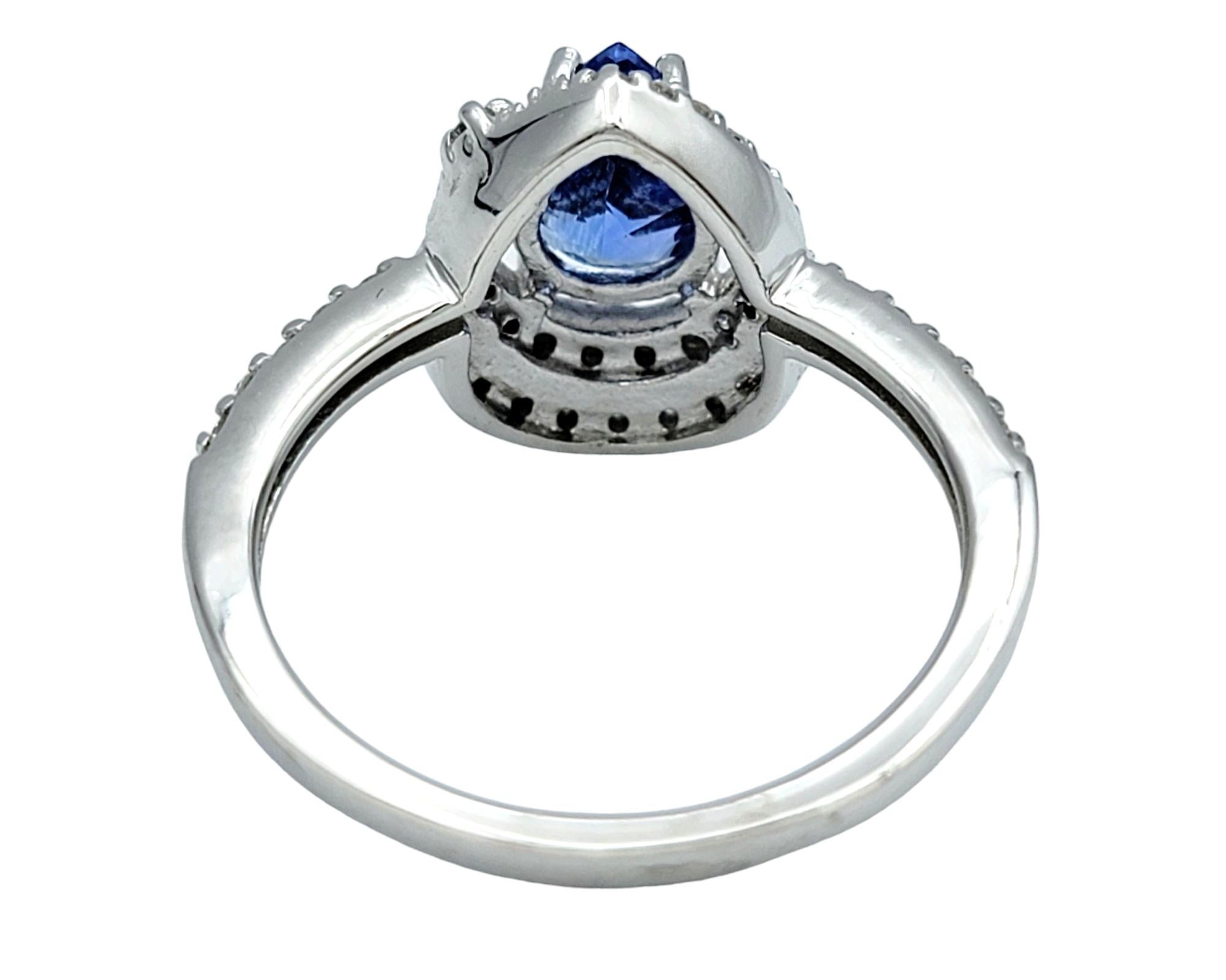 Pear Cut Blue Ceylon Sapphire and Diamond Halo Ring Set in 18 Karat White Gold For Sale 1