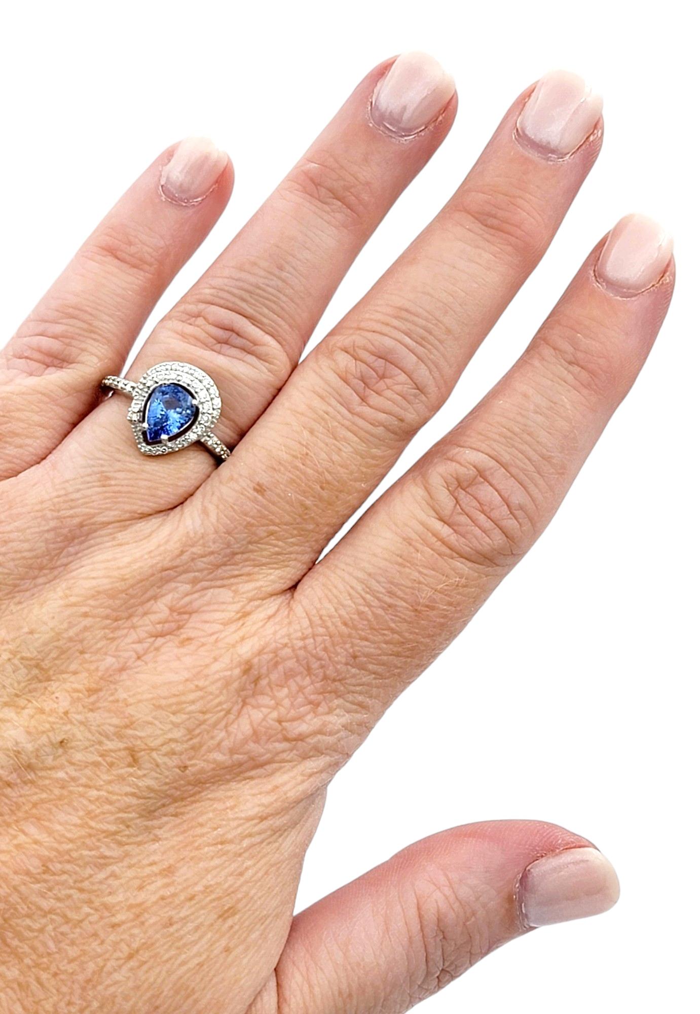 Pear Cut Blue Ceylon Sapphire and Diamond Halo Ring Set in 18 Karat White Gold For Sale 3