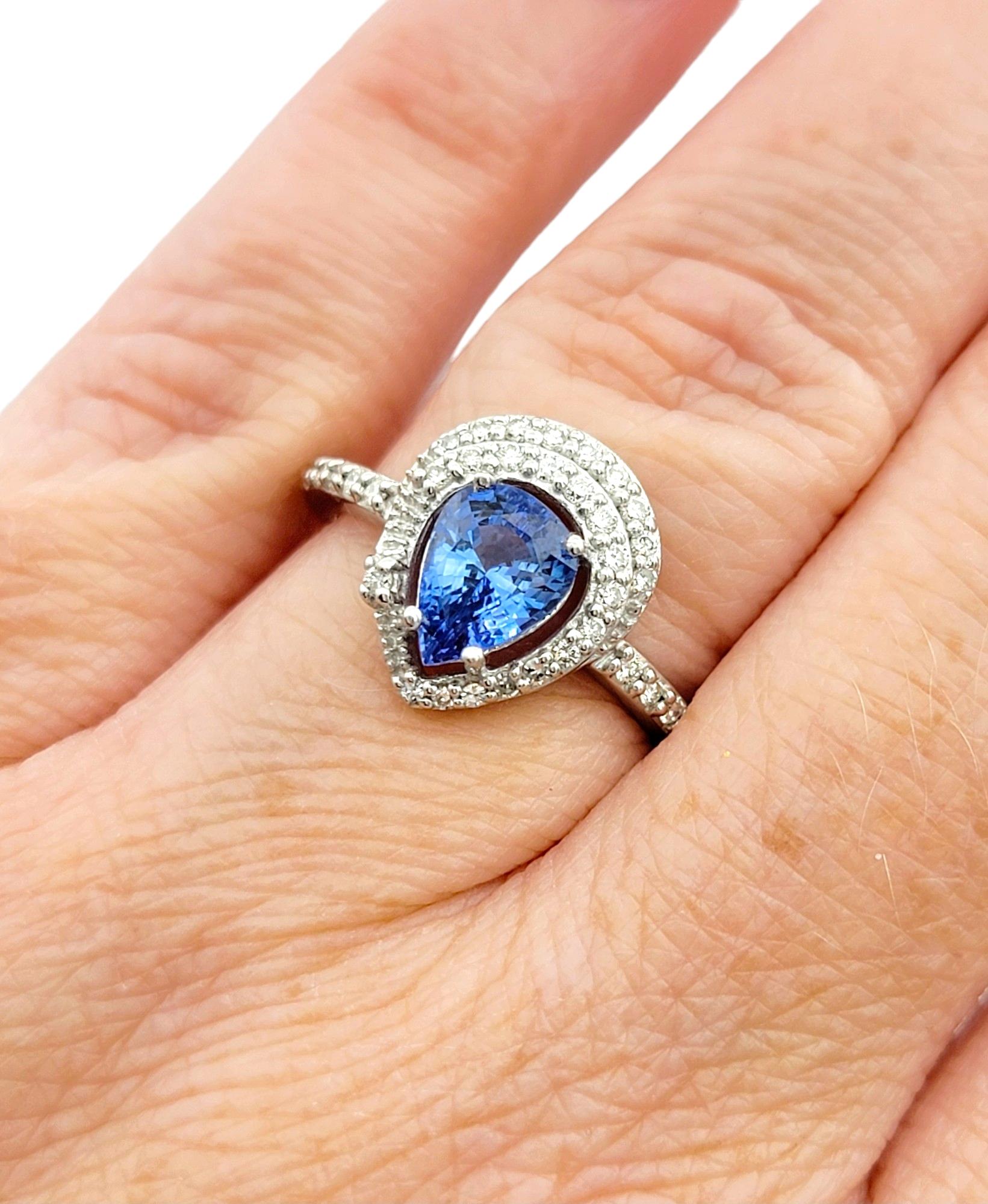 Pear Cut Blue Ceylon Sapphire and Diamond Halo Ring Set in 18 Karat White Gold For Sale 4