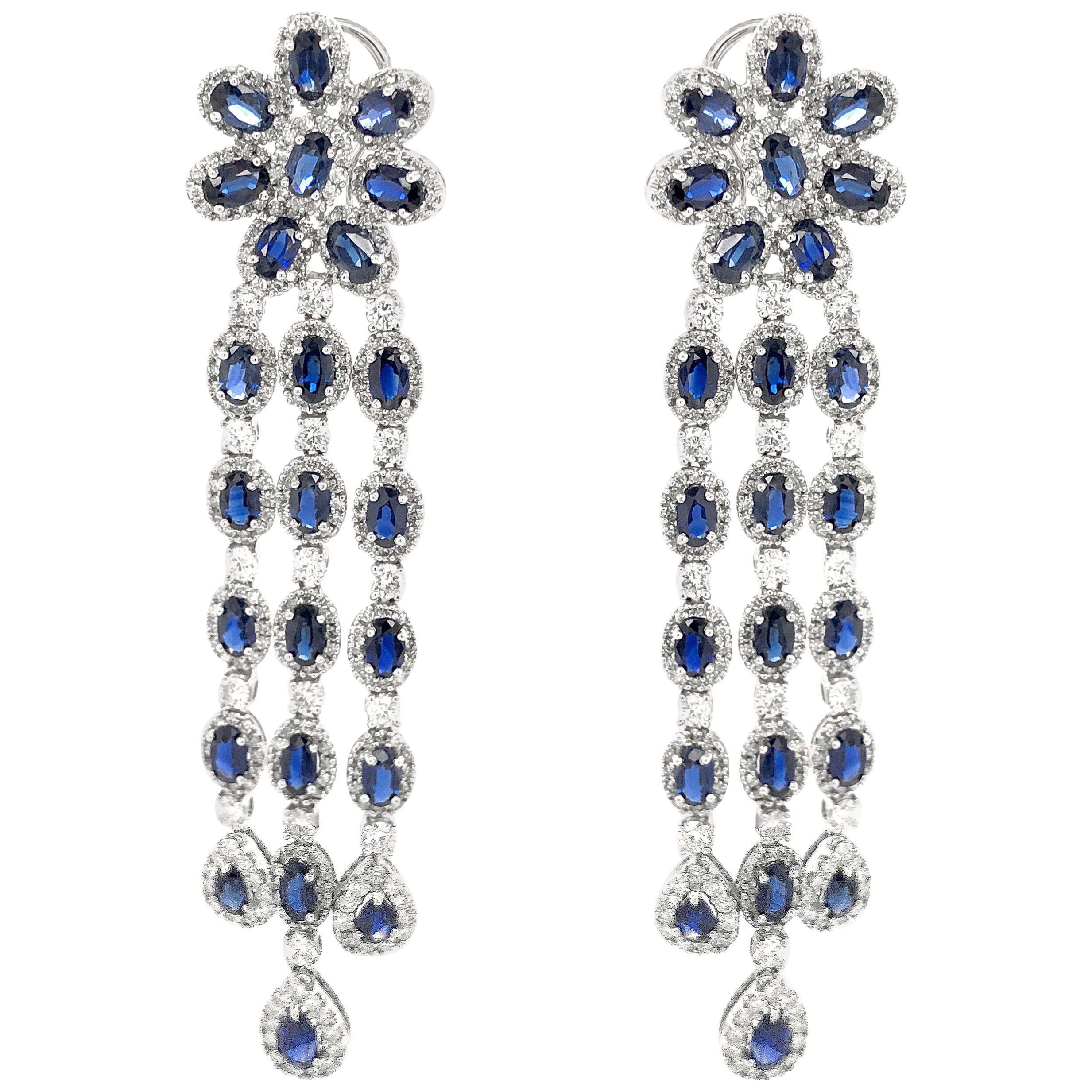 Ceylon Pear Cut Blue Sapphires 20.55 Carat Diamonds 18k Gold Earrings For Sale