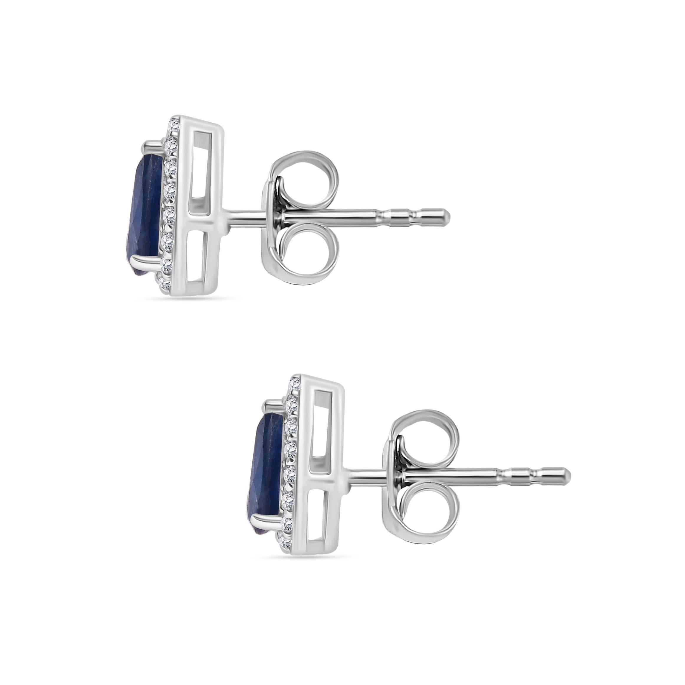 Art déco Boucles d'oreilles Halo en or blanc massif 14k, saphir bleu taillé en poire et diamant en vente