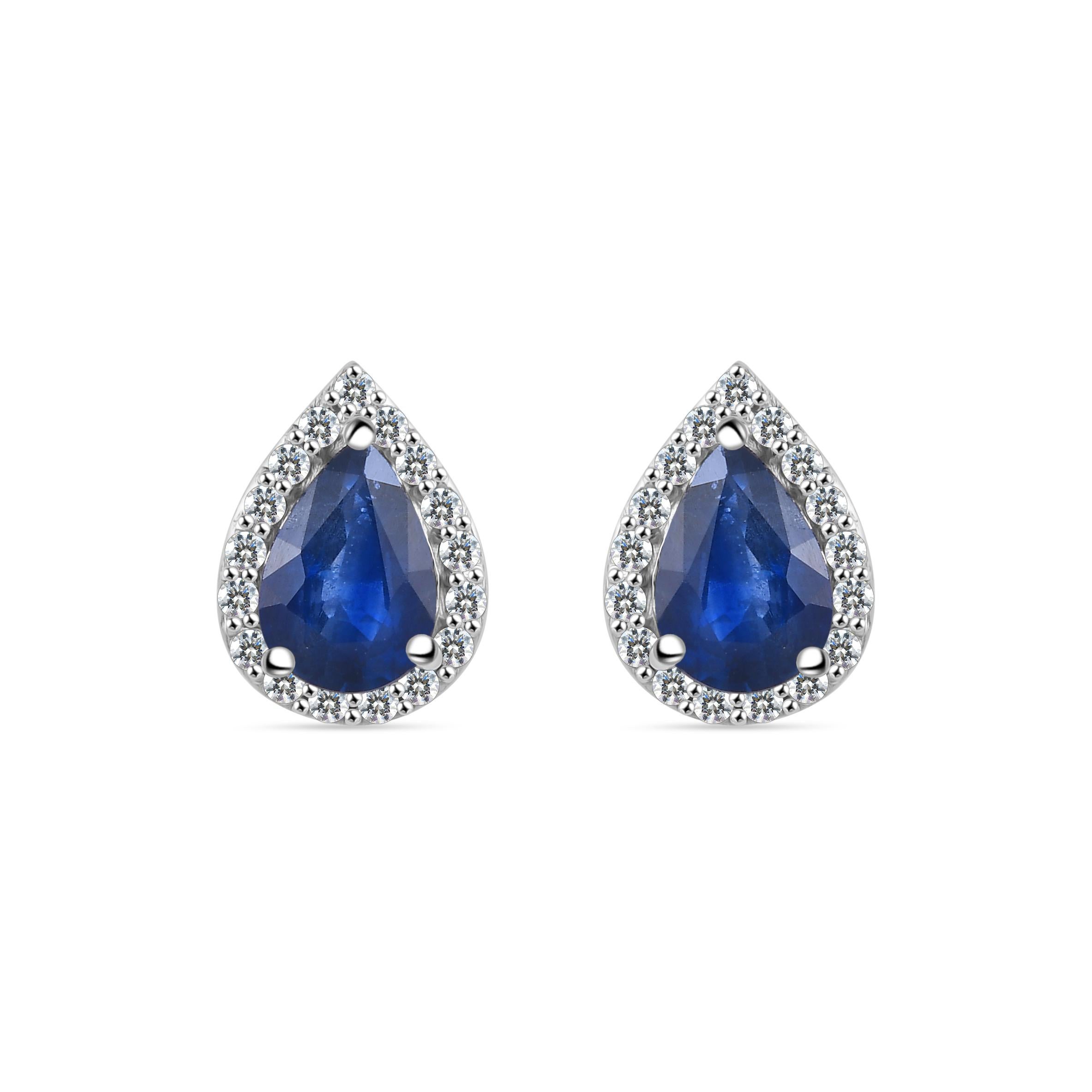 Boucles d'oreilles Halo en or blanc massif 14k, saphir bleu taillé en poire et diamant en vente 3