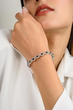 Pear Cut Blue Sapphire Diamond Halo Wedding Tennis Bracelet in 14k White Gold
