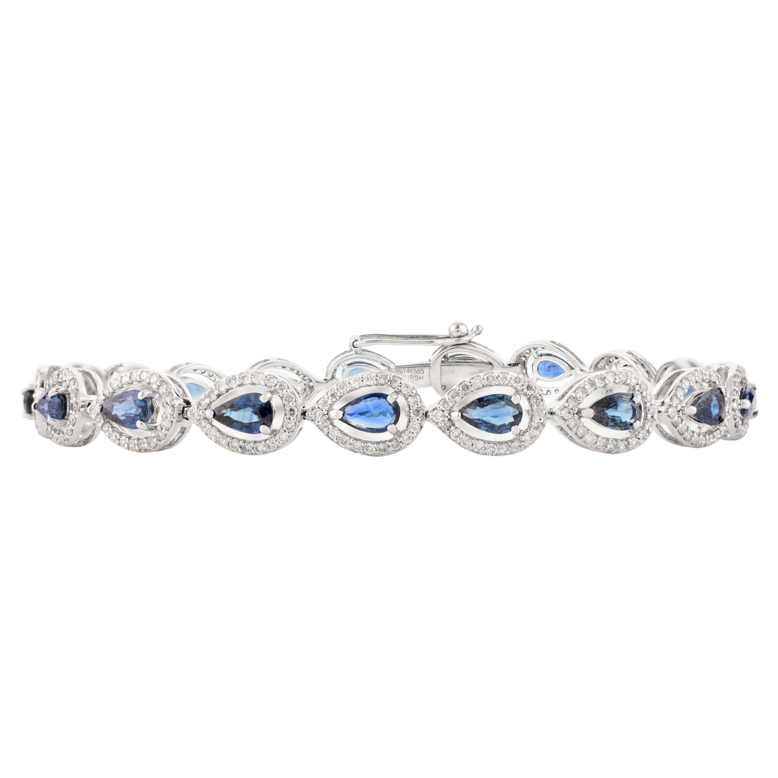 Pear Cut Blue Sapphire Diamond Halo Wedding Tennis Bracelet in 14k White Gold