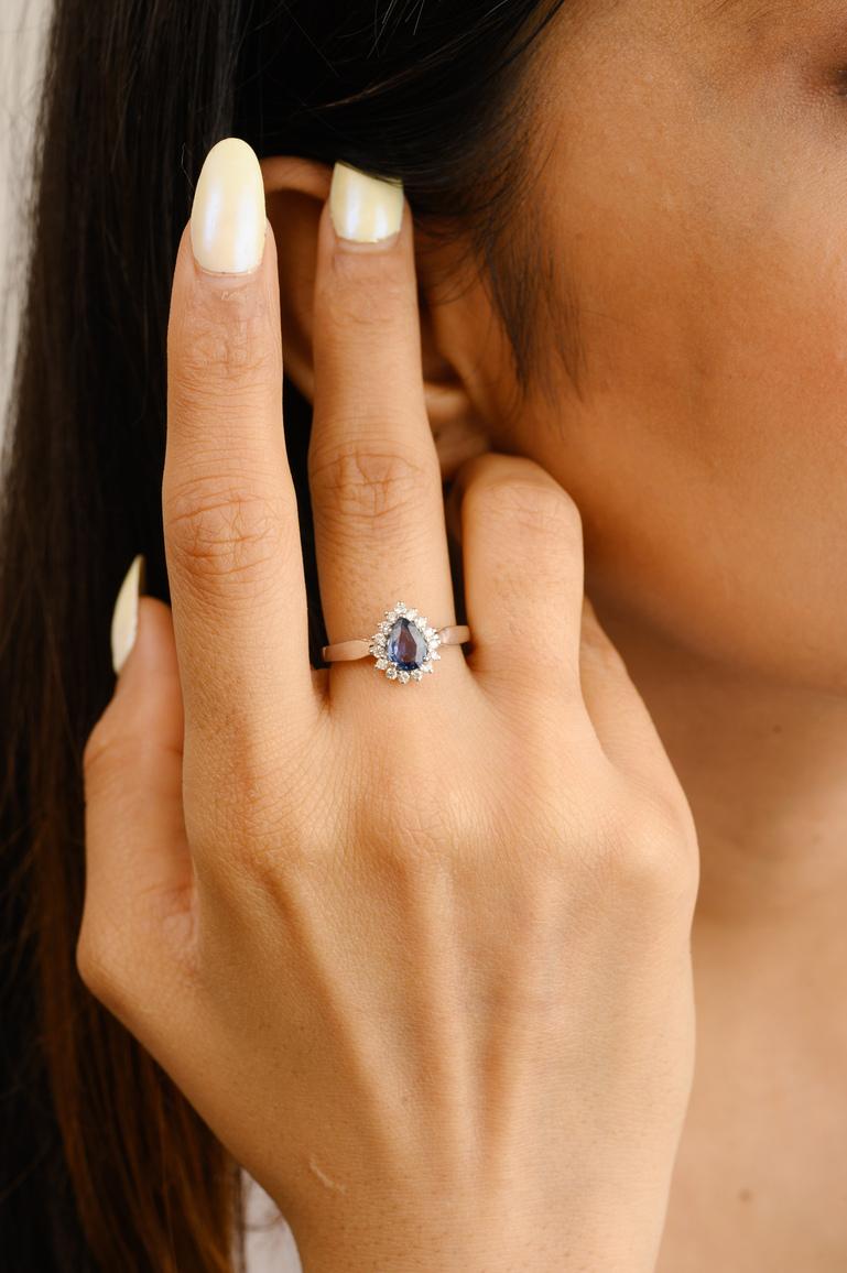 For Sale:  0.77 Carat Pear Cut Blue Sapphire and Diamond Halo Ring 14k Solid White Gold 2