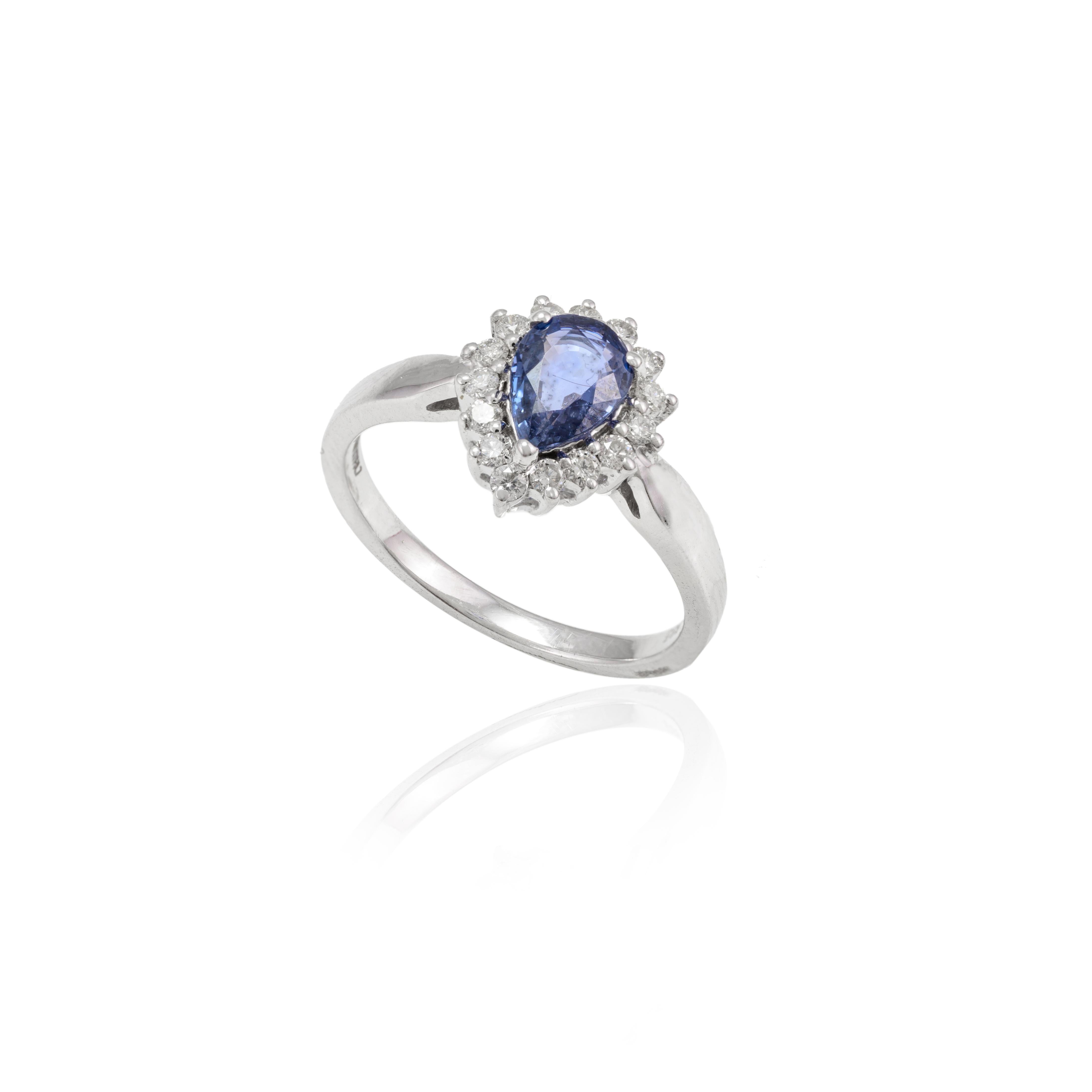 For Sale:  0.77 Carat Pear Cut Blue Sapphire and Diamond Halo Ring 14k Solid White Gold 4