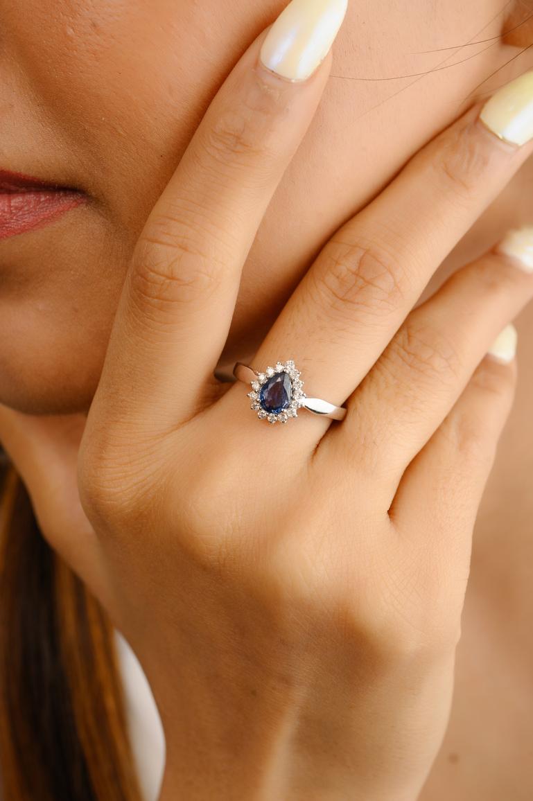 For Sale:  0.77 Carat Pear Cut Blue Sapphire and Diamond Halo Ring 14k Solid White Gold 6