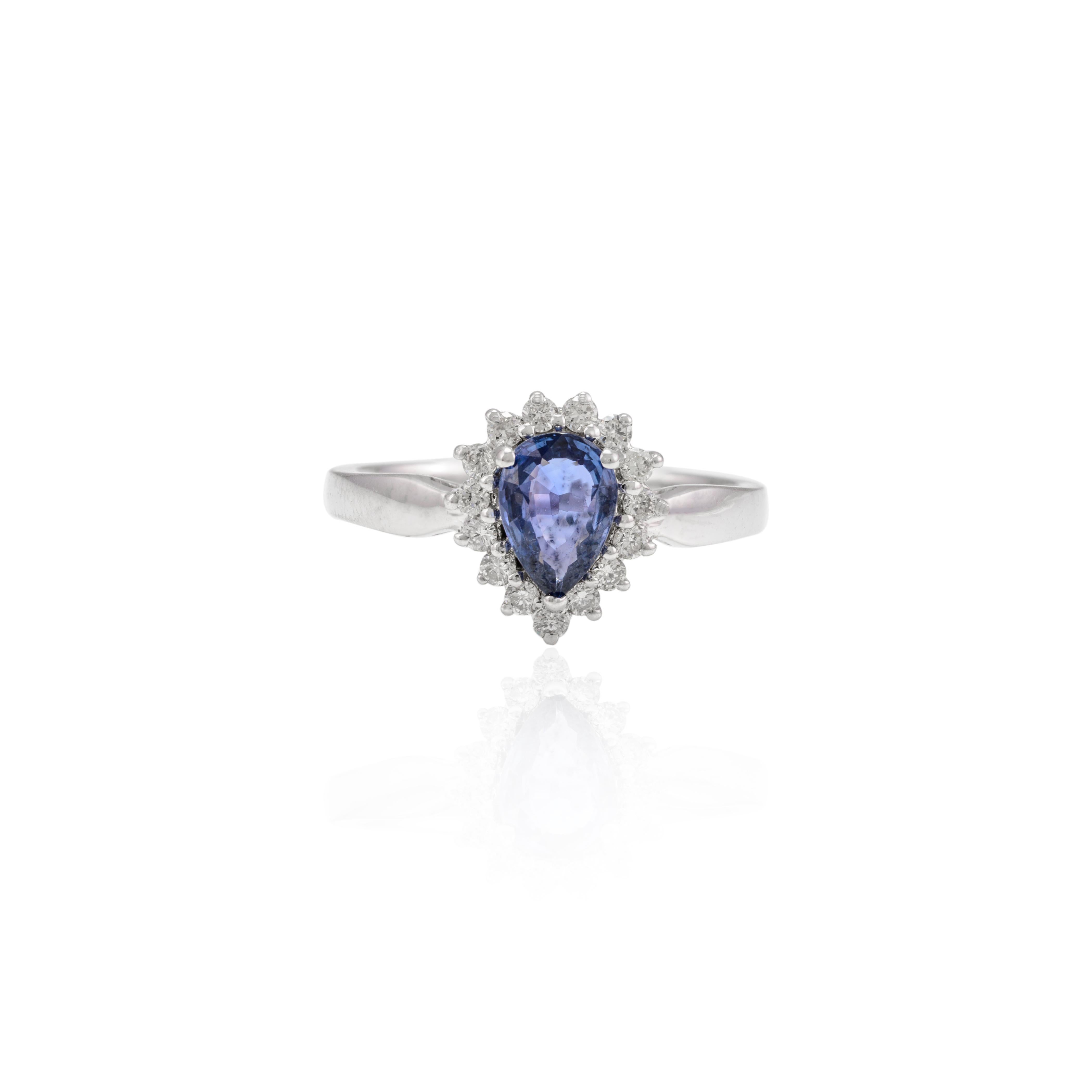 For Sale:  0.77 Carat Pear Cut Blue Sapphire and Diamond Halo Ring 14k Solid White Gold 7