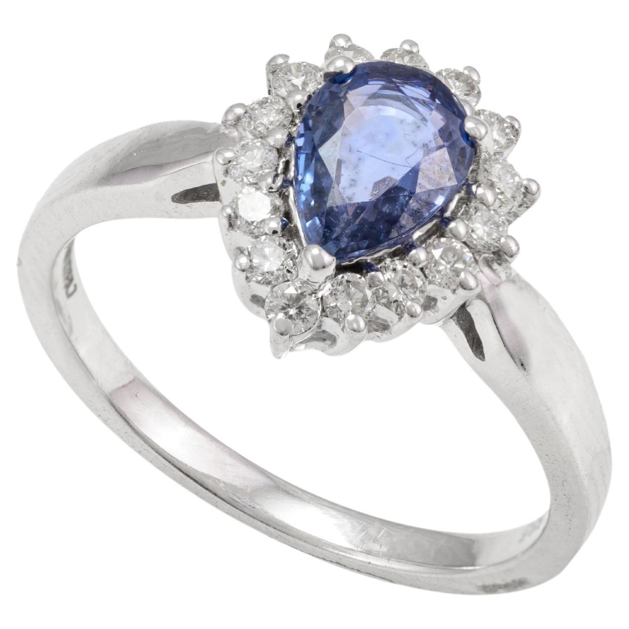 0.77 Carat Pear Cut Blue Sapphire and Diamond Halo Ring 14k Solid White Gold