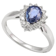 0.77 Carat Pear Cut Blue Sapphire and Diamond Halo Ring 14k Solid White Gold