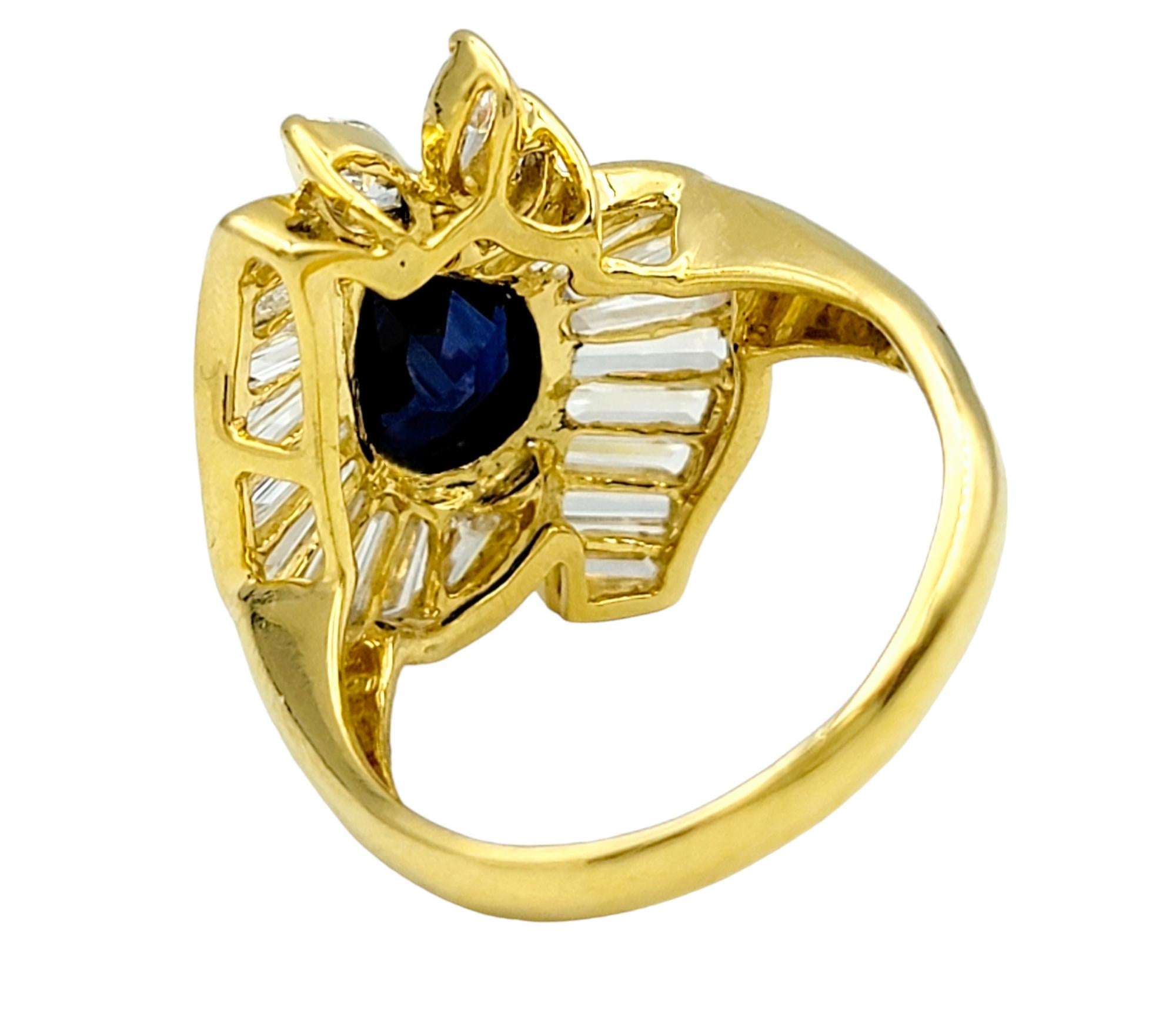 Women's Pear Cut Blue Sapphire Ring with Baguette and Marquise Diamonds in 18 Karat Gold