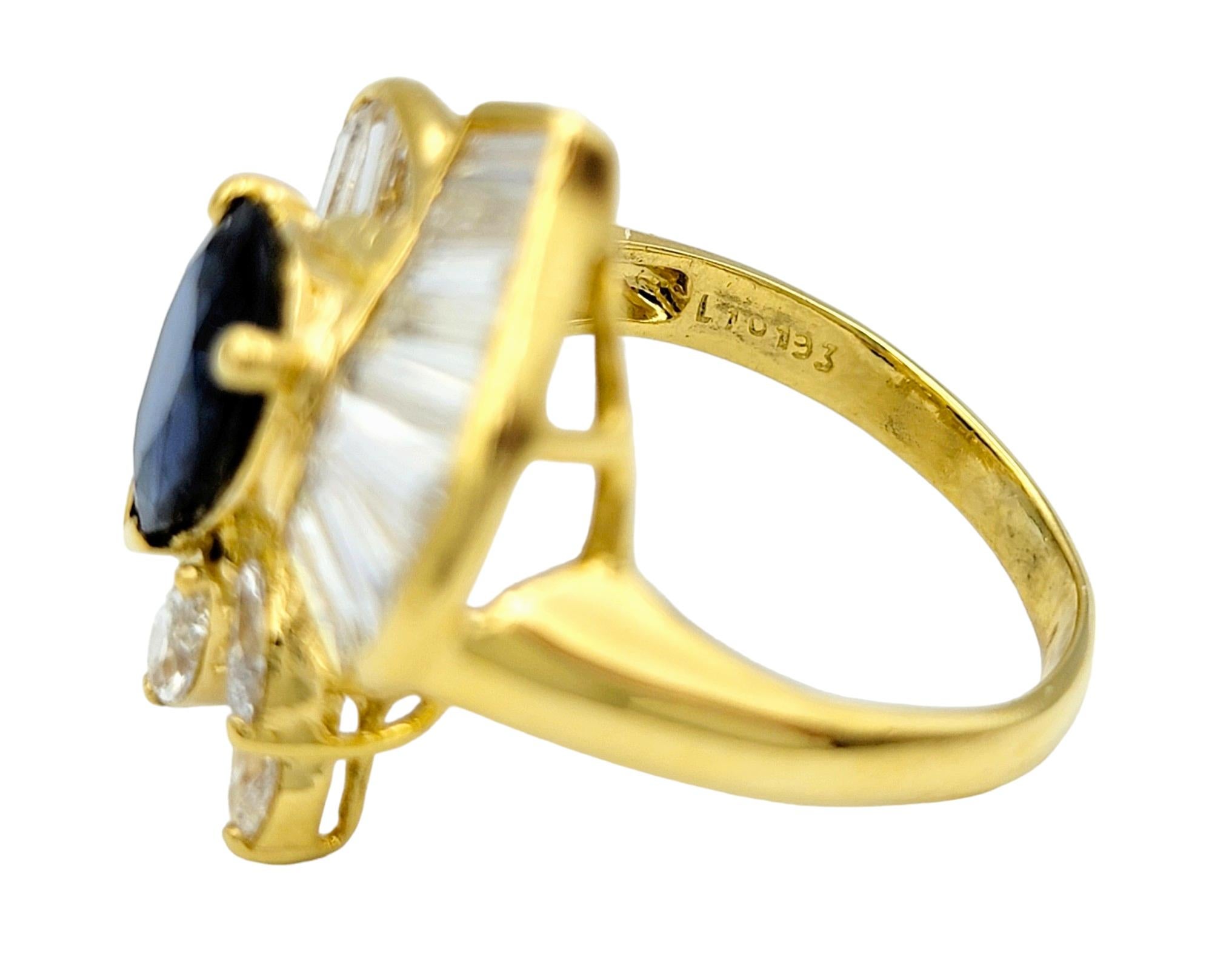 Pear Cut Blue Sapphire Ring with Baguette and Marquise Diamonds in 18 Karat Gold 1