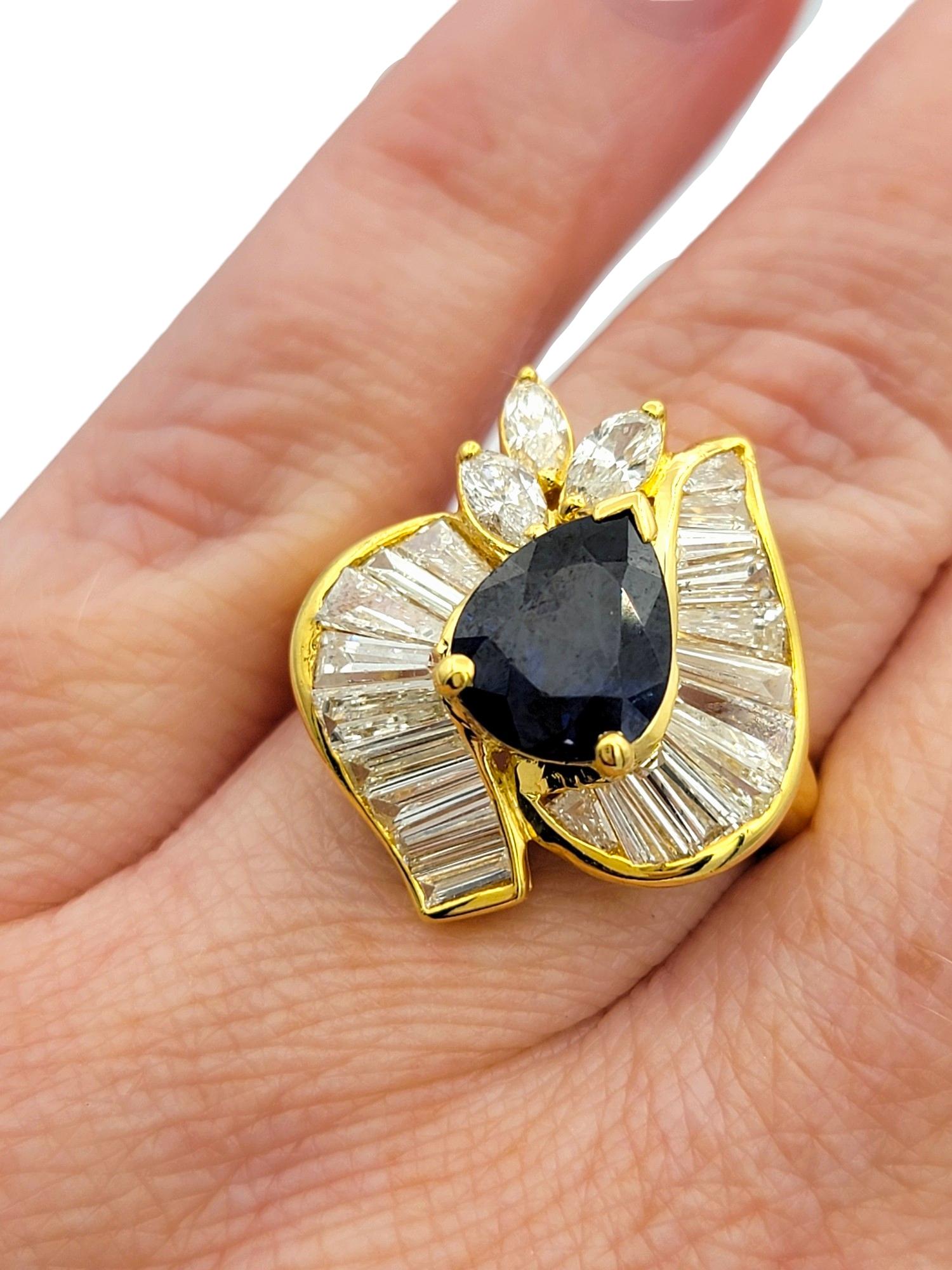 Pear Cut Blue Sapphire Ring with Baguette and Marquise Diamonds in 18 Karat Gold 3