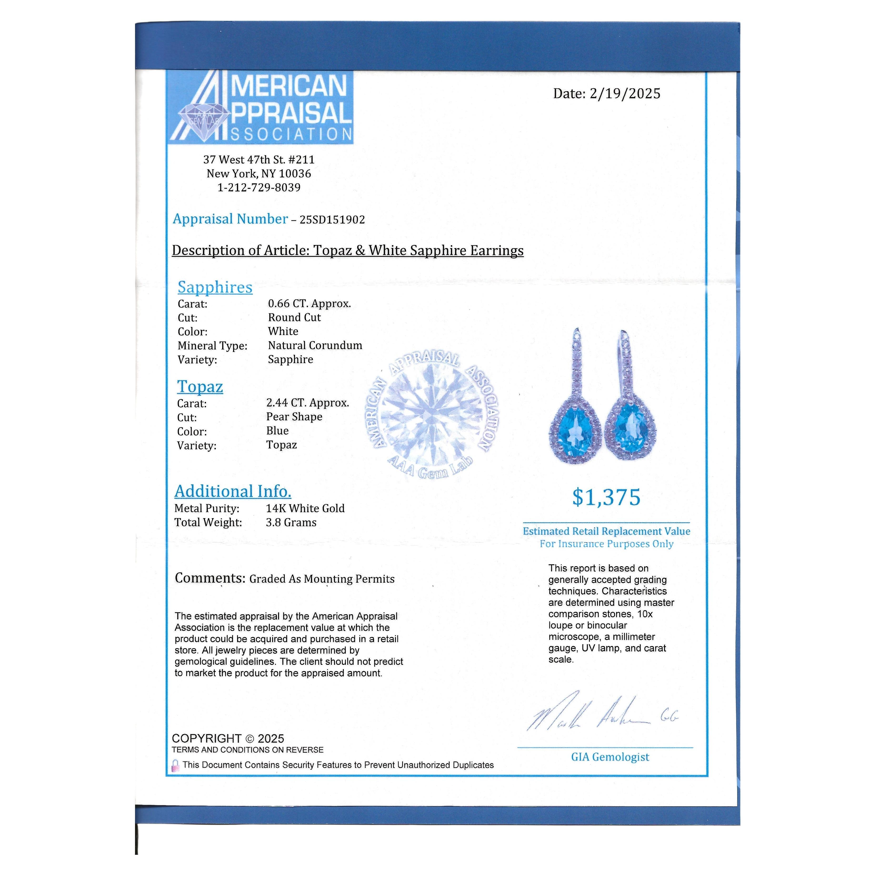 Pear Cut Blue Topaz and White Sapphire Halo Drop Earrings in 14 Karat White Gold For Sale 5