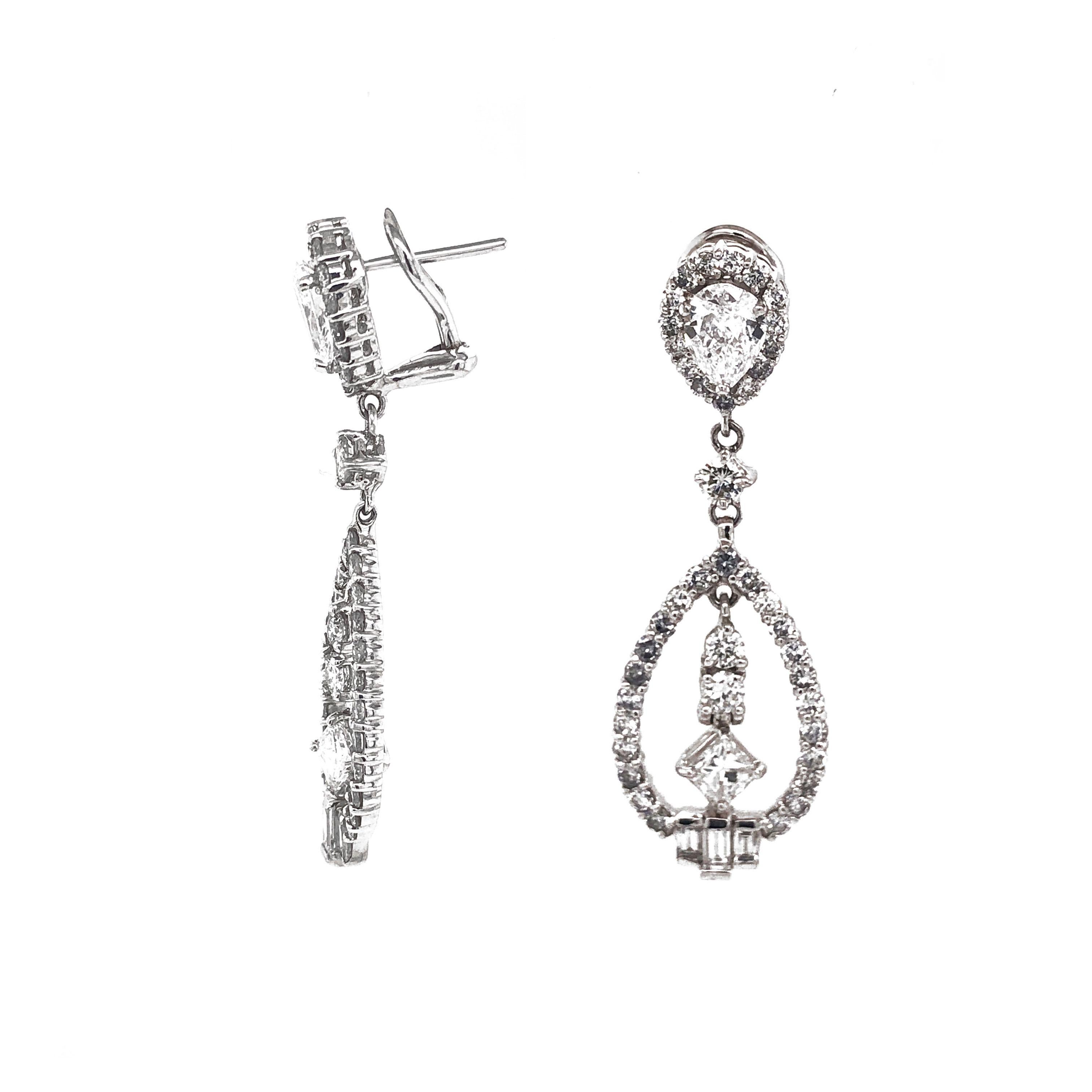 Beautiful classic drop dangling platinum earrings, adorned in white round pear diamonds 1.20 ct total.   
Accented by round and square cut diamonds 3.35 carat total.
Diamonds are white and natural in G-H Color Clarity VS.
Platinum 950