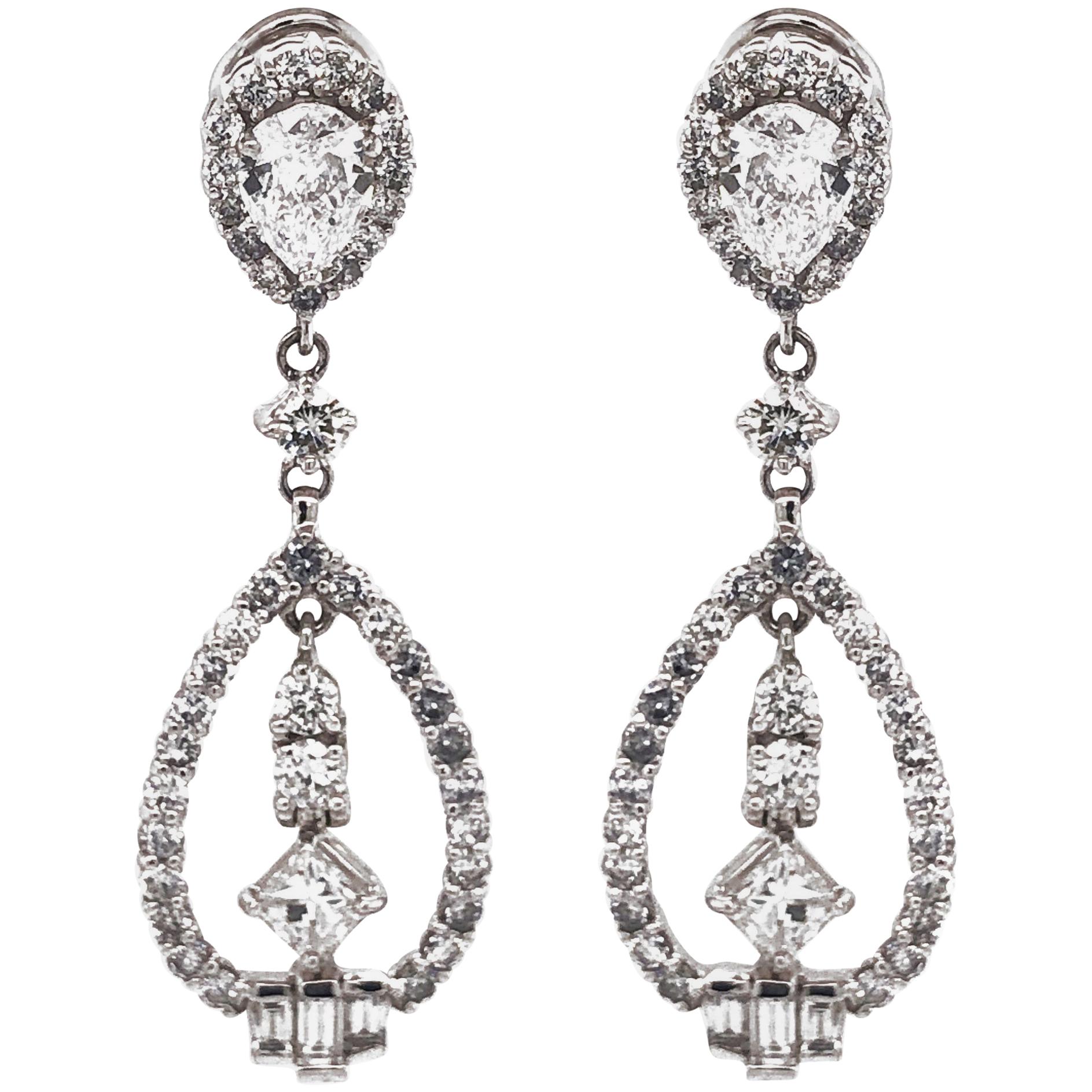 Pear Cut Center Diamond 1.20 Carat Drop Dangling Platinum Earrings For Sale