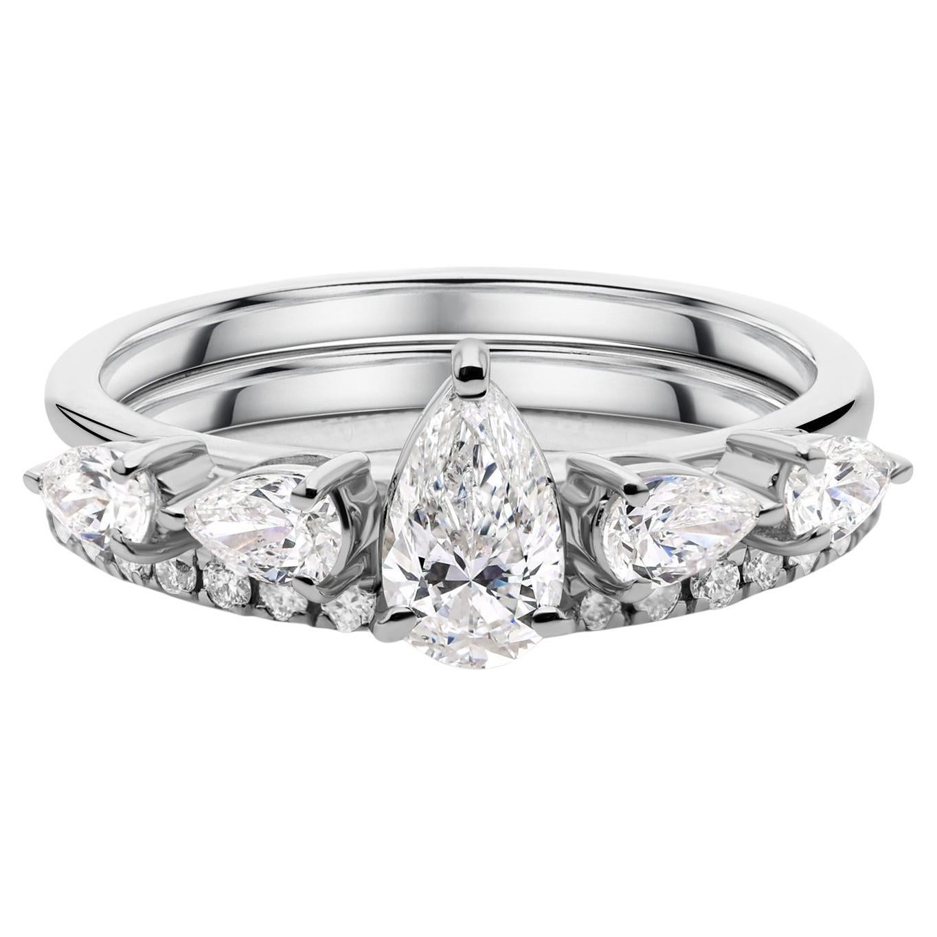 Pear Cut Certified 1.14Ct Diamond Engagement Ring Set 18K White Gold Jewelry