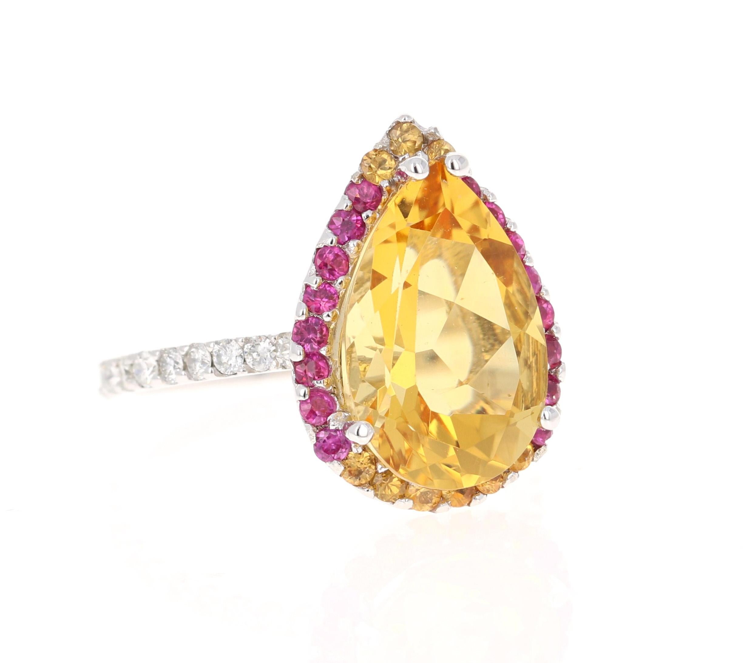 Pear Cut 6.25 Carat Citrine Pink Sapphire Diamond White Gold Cocktail Ring For Sale
