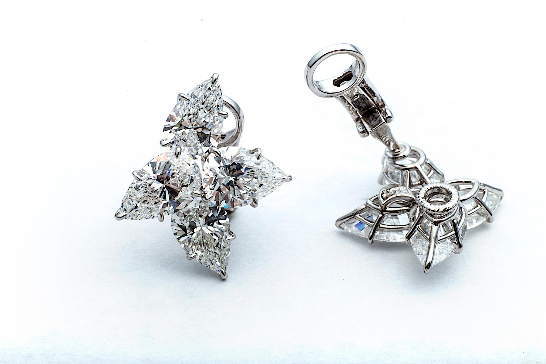 Pear Cut Cluster Diamond Platinum Handmade Clip Earrings In New Condition In Greenwich, CT