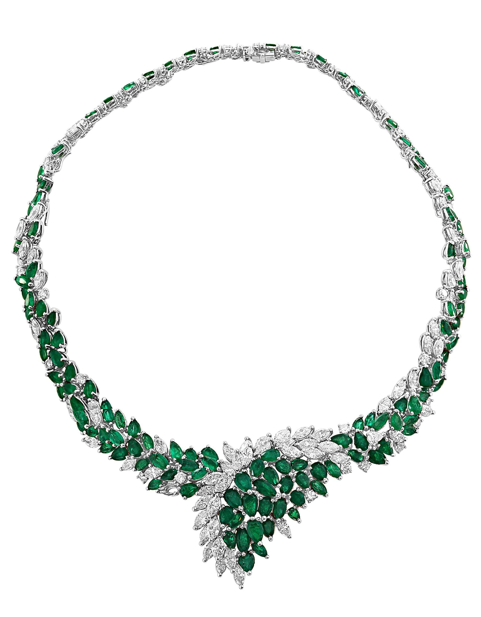 Platinum Colombian  Emerald and diamond  necklace, consisting several Marquis and Pear shape  Colombian Emeralds approximately 40 Carat  of Colombian Emerald  and 35 Carats brilliant cut round and Marquise diamonds surrounding it .
The Necklace