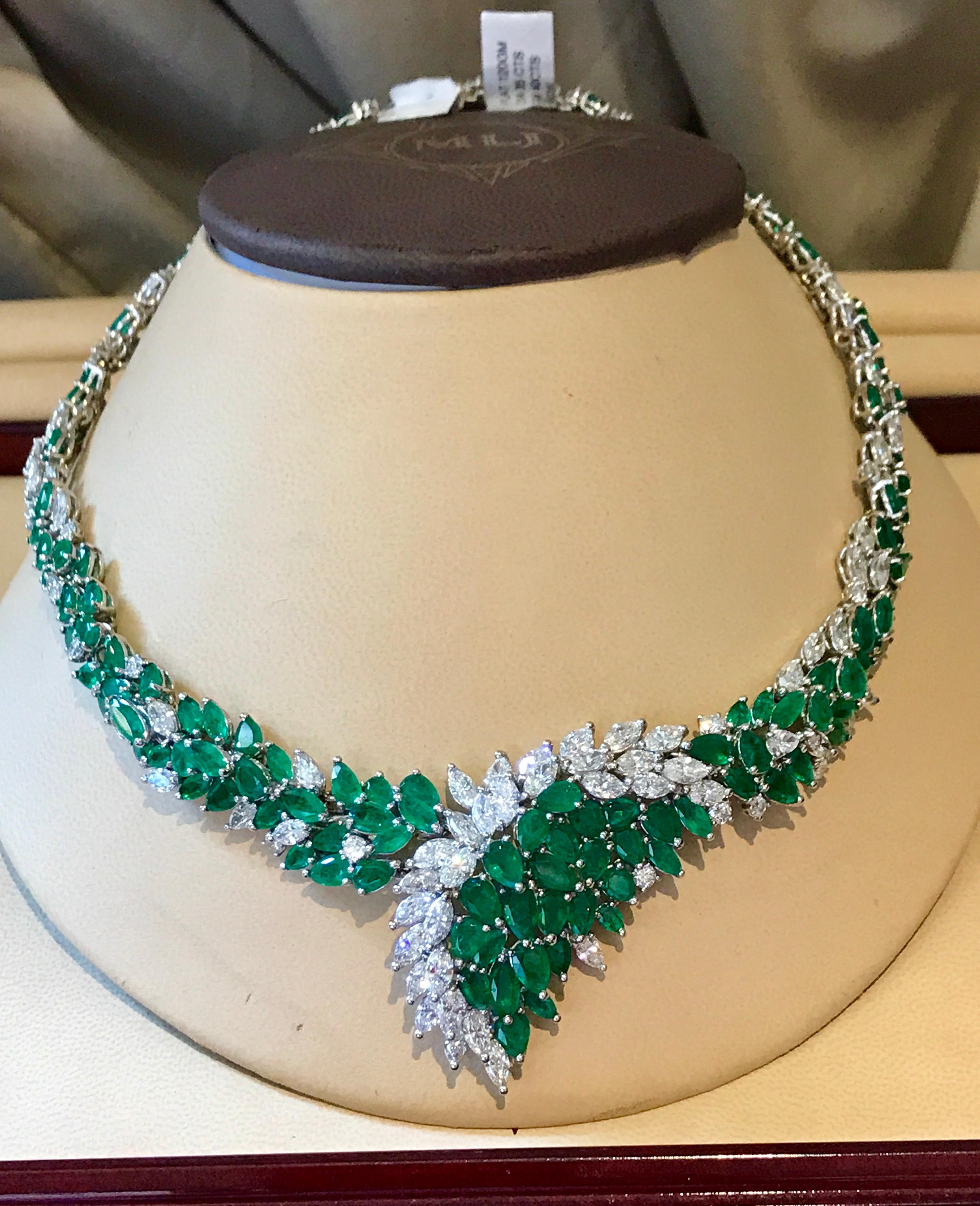 Pear Cut 40 Ct Colombian Emerald & 35 Ct Diamond Bridal Princess Necklace Platinum Estate