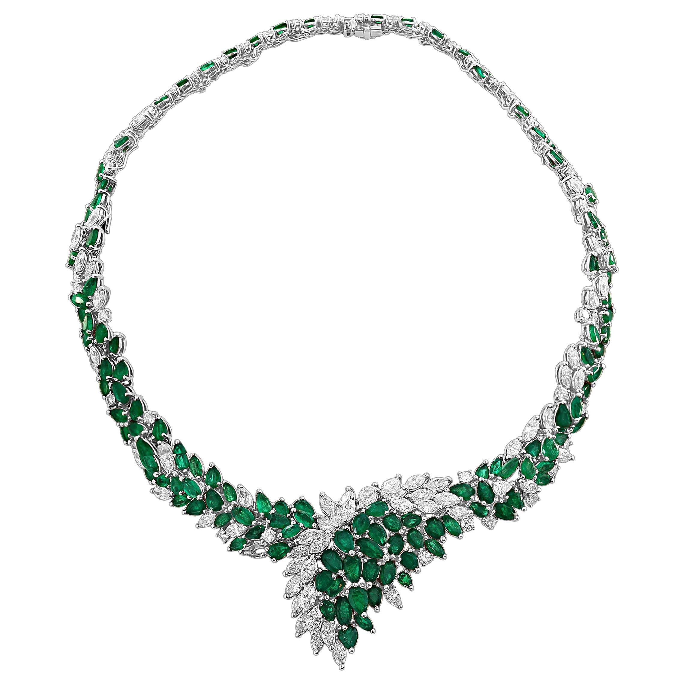 40 Ct Colombian Emerald & 35 Ct Diamond Bridal Princess Necklace Platinum Estate