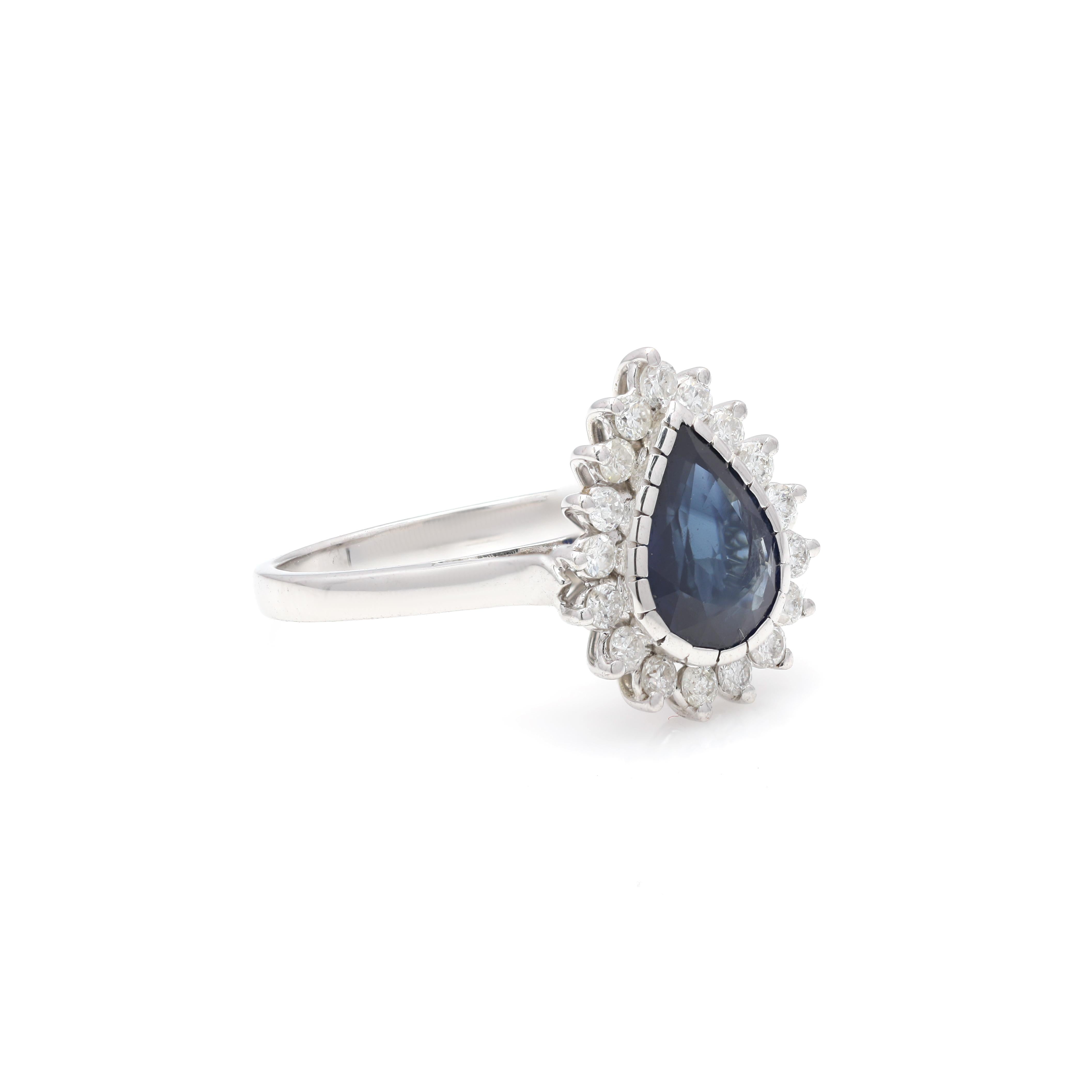For Sale:  Pear Deep Blue Sapphire Engagement Ring with Diamonds in Solid 18K White Gold 2