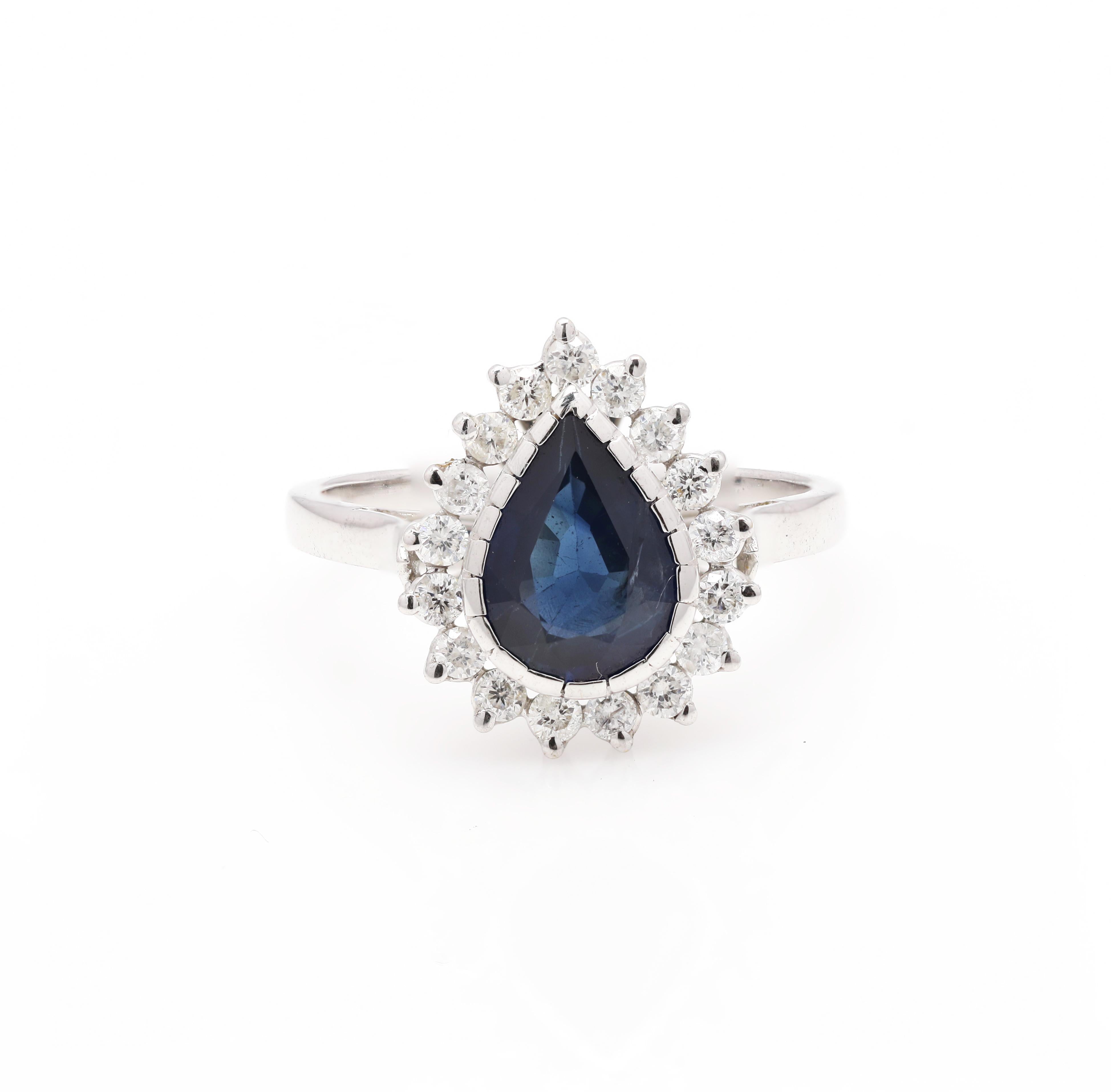For Sale:  Pear Deep Blue Sapphire Engagement Ring with Diamonds in Solid 18K White Gold 3