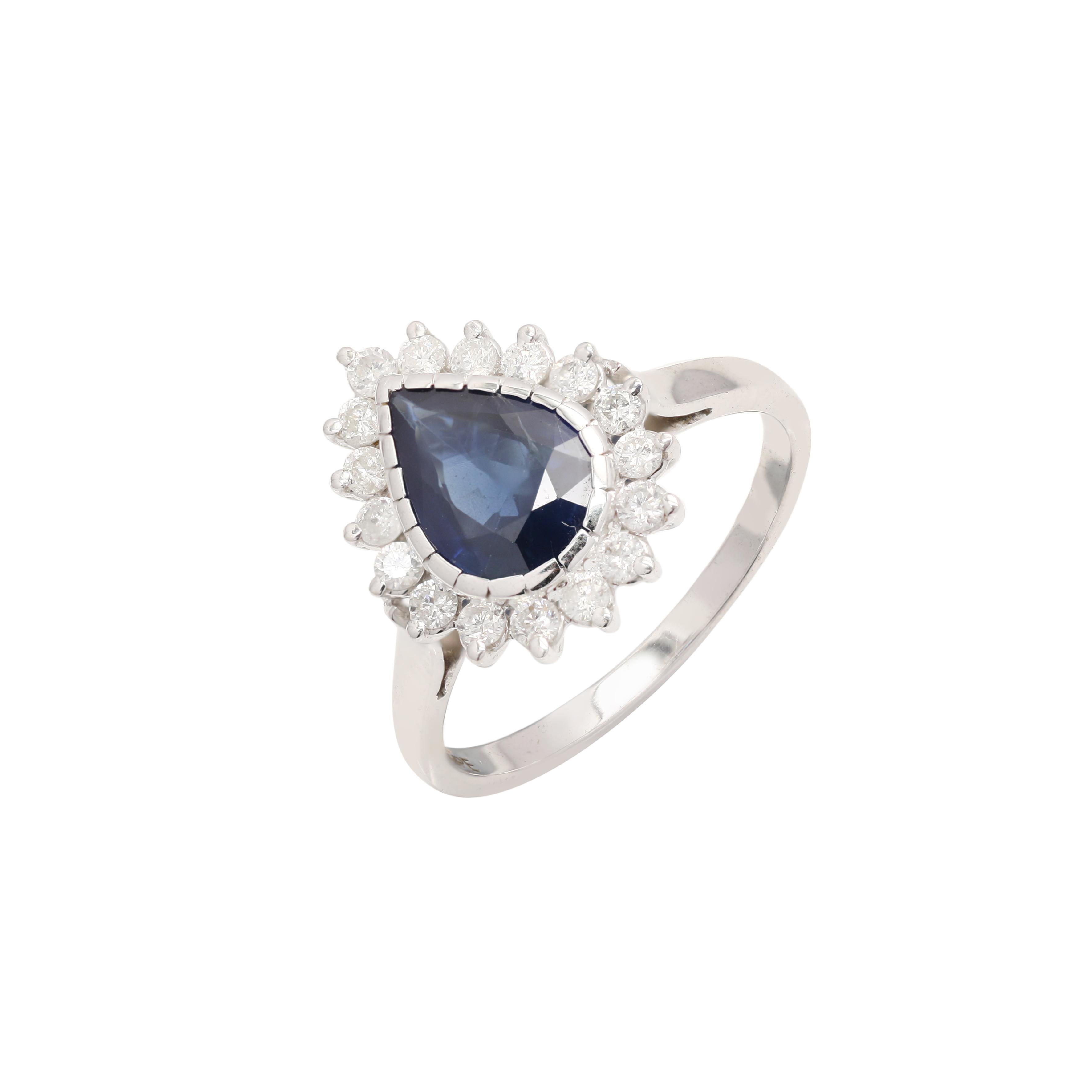 For Sale:  Pear Deep Blue Sapphire Engagement Ring with Diamonds in Solid 18K White Gold 4