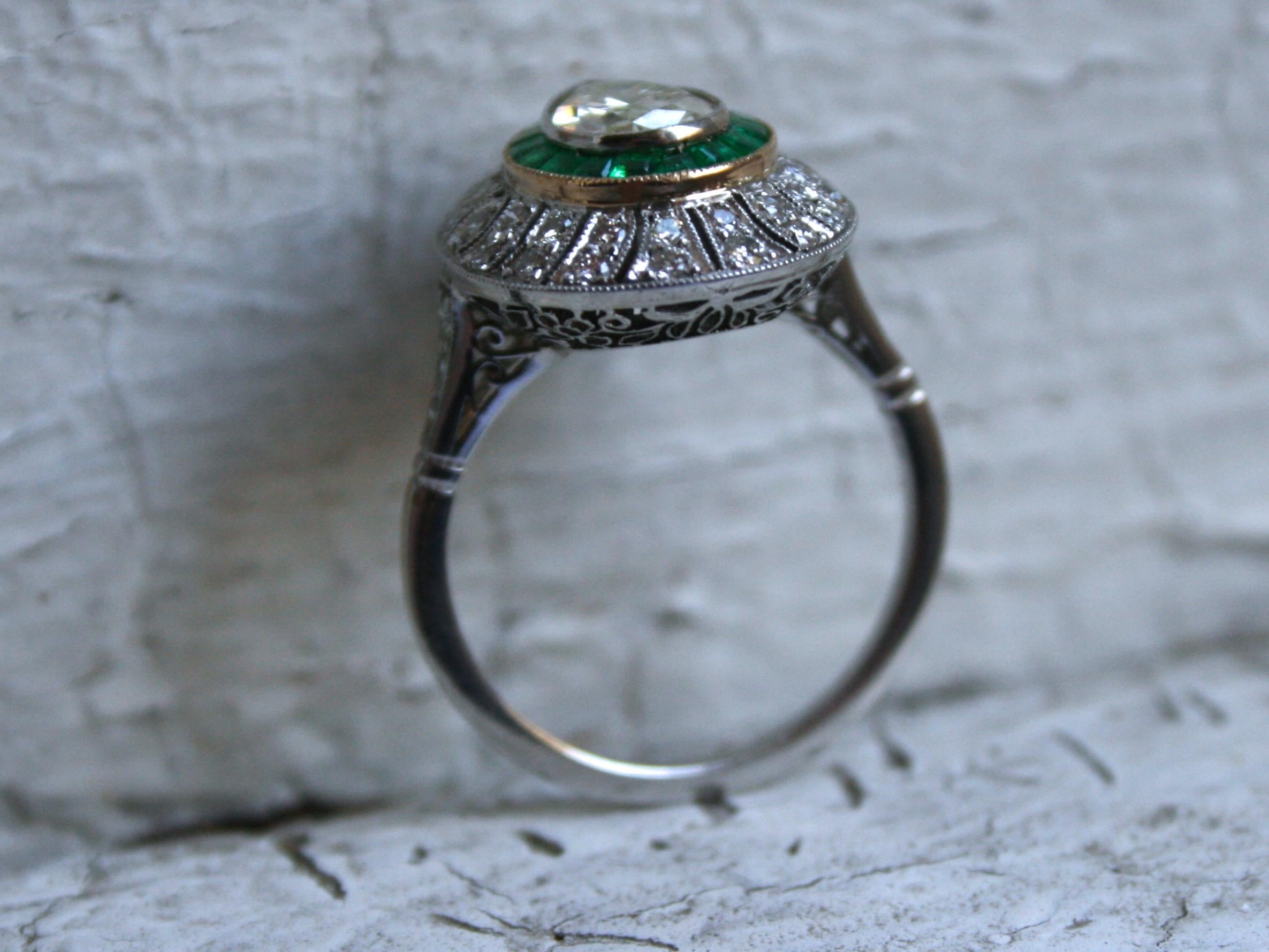 Art Deco Pear Cut Diamond and Emerald Halo Ring Engagement Ring in Platinum, 2.45 Carat For Sale