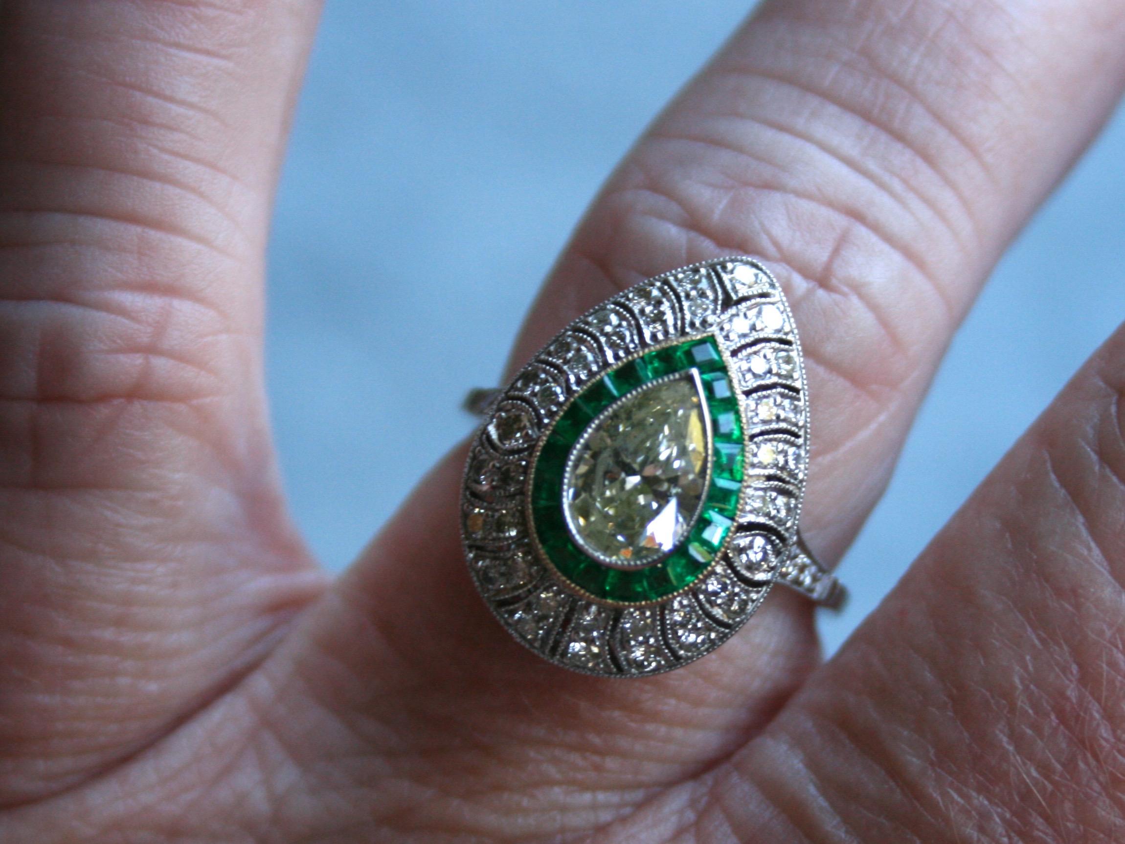 Pear Cut Diamond and Emerald Halo Ring Engagement Ring in Platinum, 2.45 Carat In Excellent Condition For Sale In San Francisco, CA