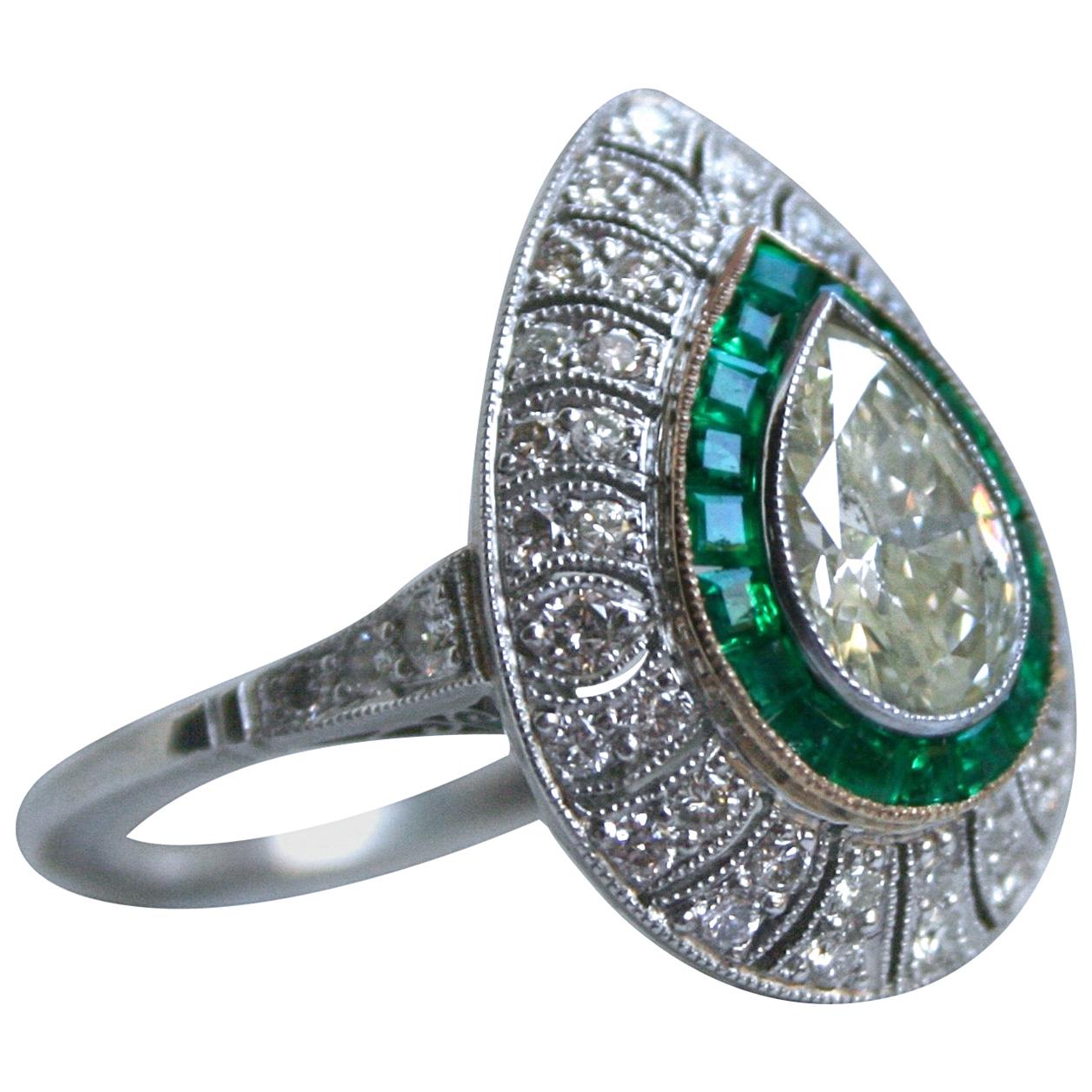 Pear Cut Diamond and Emerald Halo Ring Engagement Ring in Platinum, 2.45 Carat For Sale