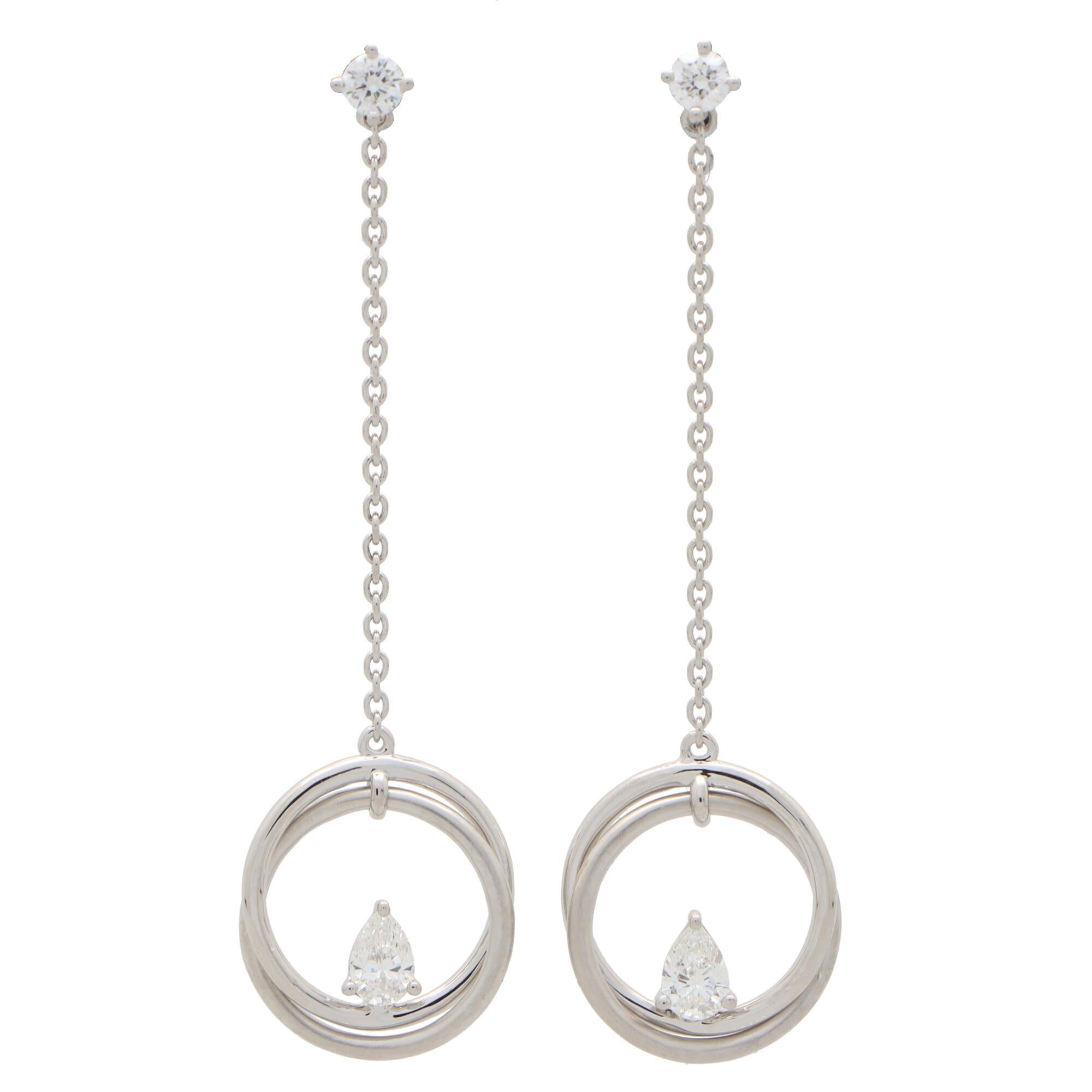 Women's or Men's Pear Cut Diamond Drop Circle Earrings Set in 18k White Gold For Sale