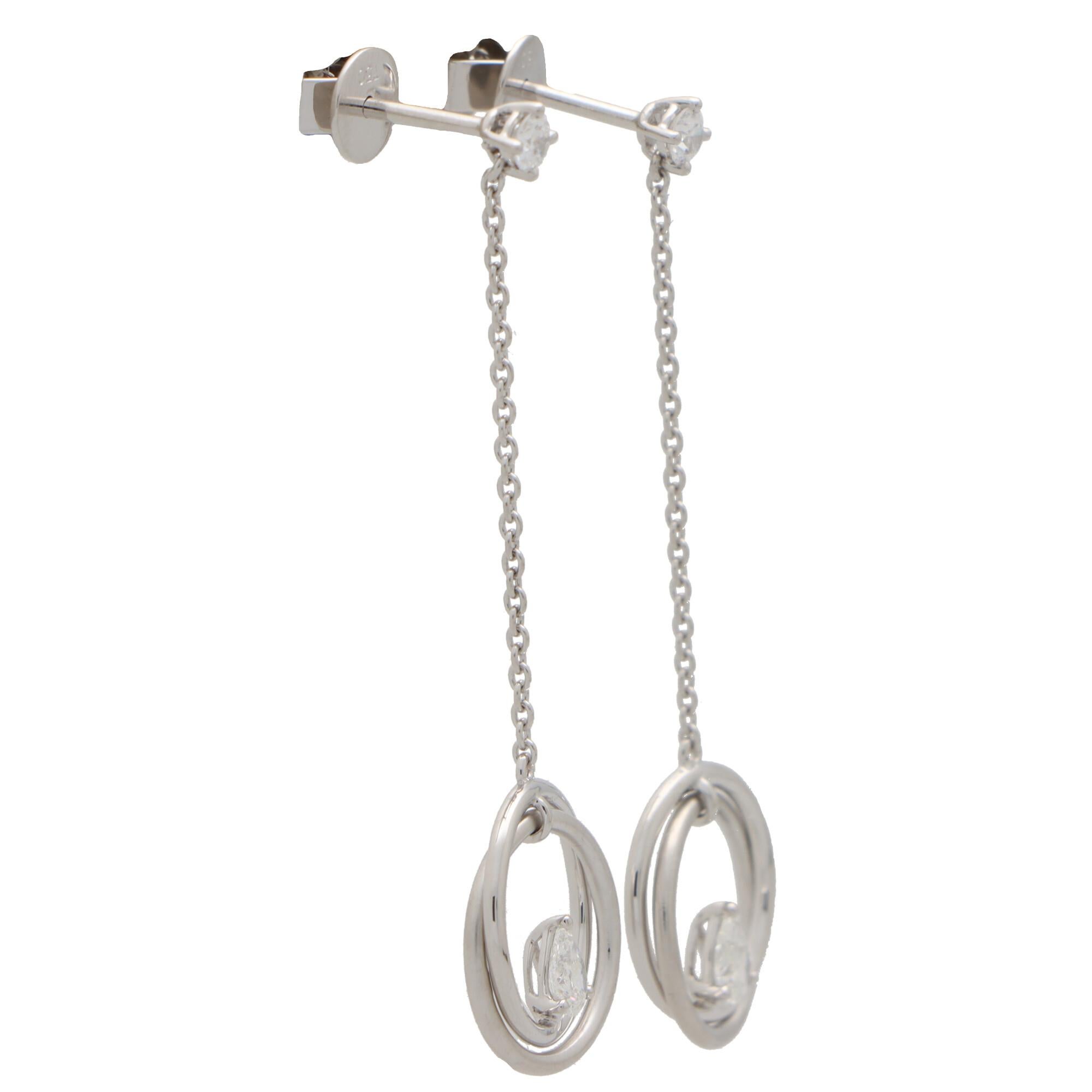 Pear Cut Diamond Drop Circle Earrings Set in 18k White Gold For Sale 1