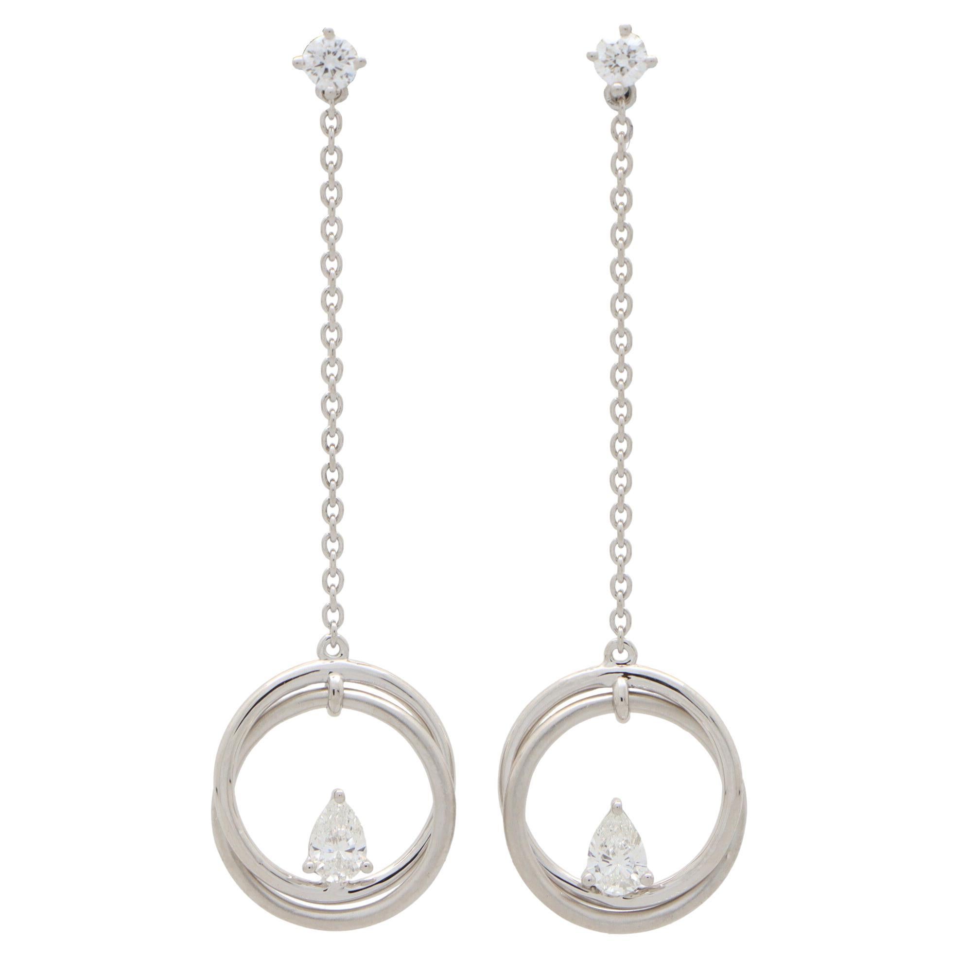 Pear Cut Diamond Drop Circle Earrings Set in 18k White Gold For Sale