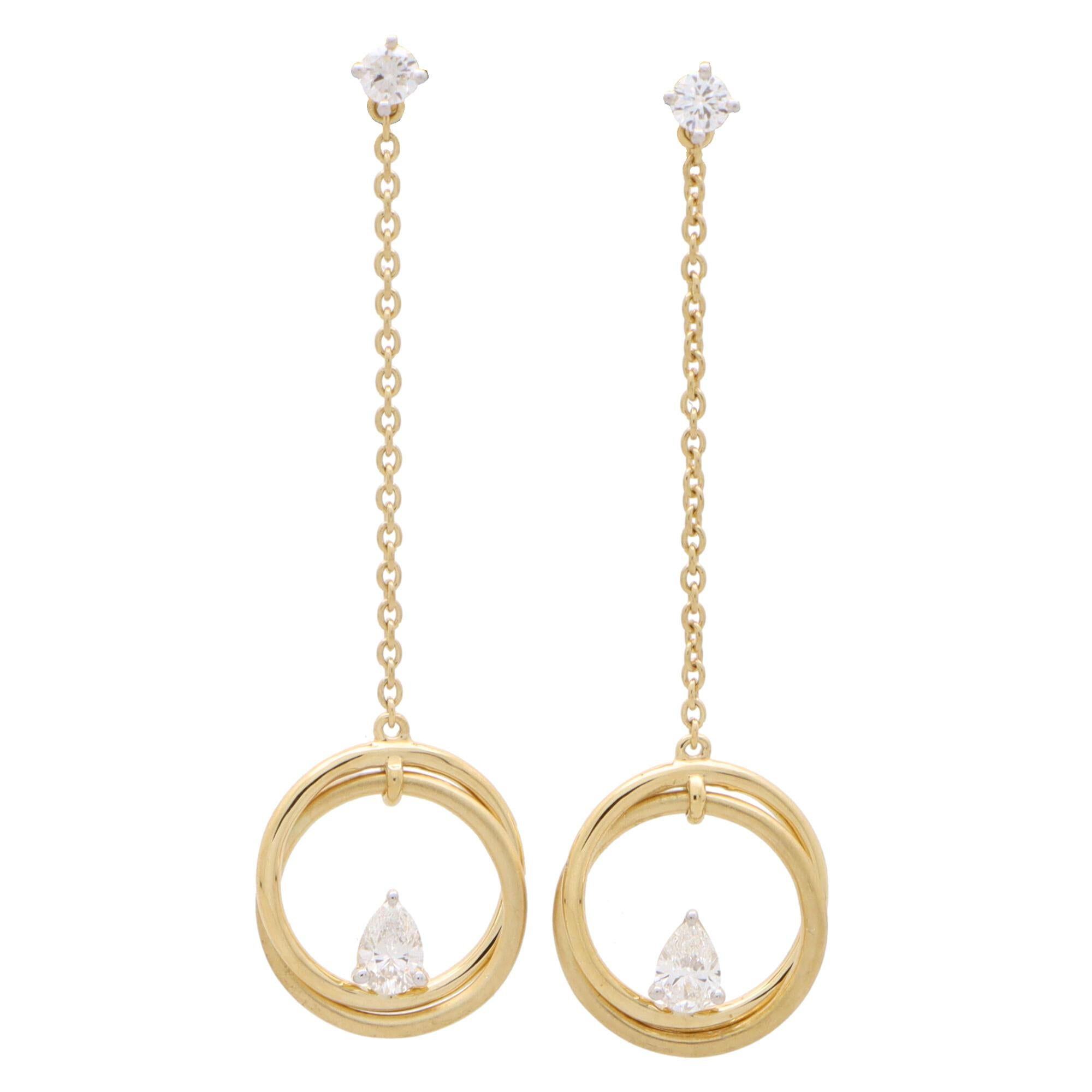Contemporary Pear Cut Diamond Drop Circle Earrings Set in 18k Yellow Gold For Sale