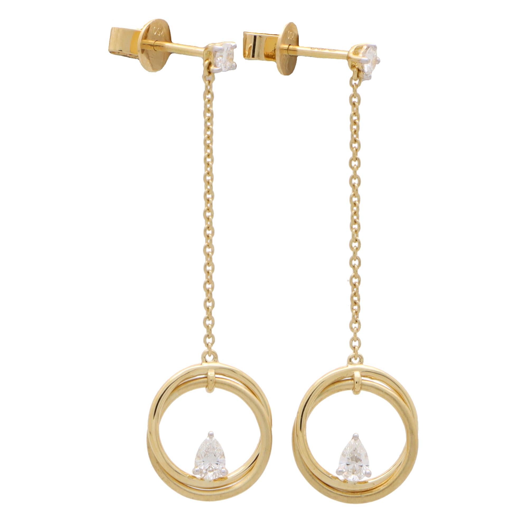 Women's or Men's Pear Cut Diamond Drop Circle Earrings Set in 18k Yellow Gold For Sale
