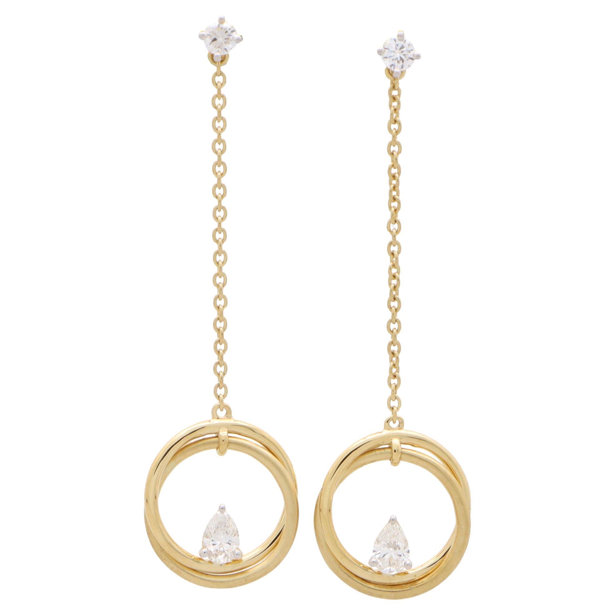 Pear Cut Diamond Drop Circle Earrings Set in 18k Yellow Gold For Sale