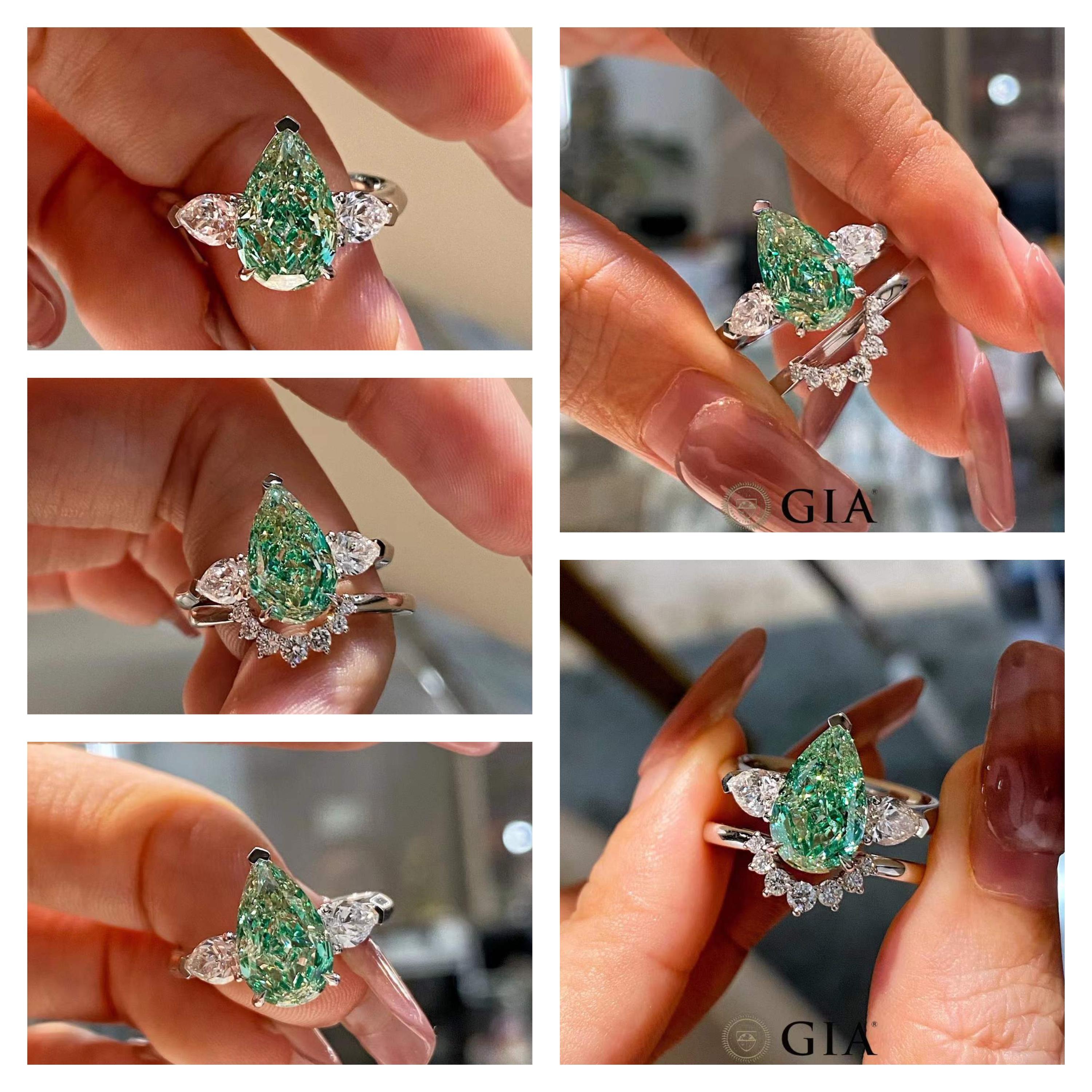 En vente :  Bague de fiançailles en diamant taille poire - Diamant vert certifié GIA 10