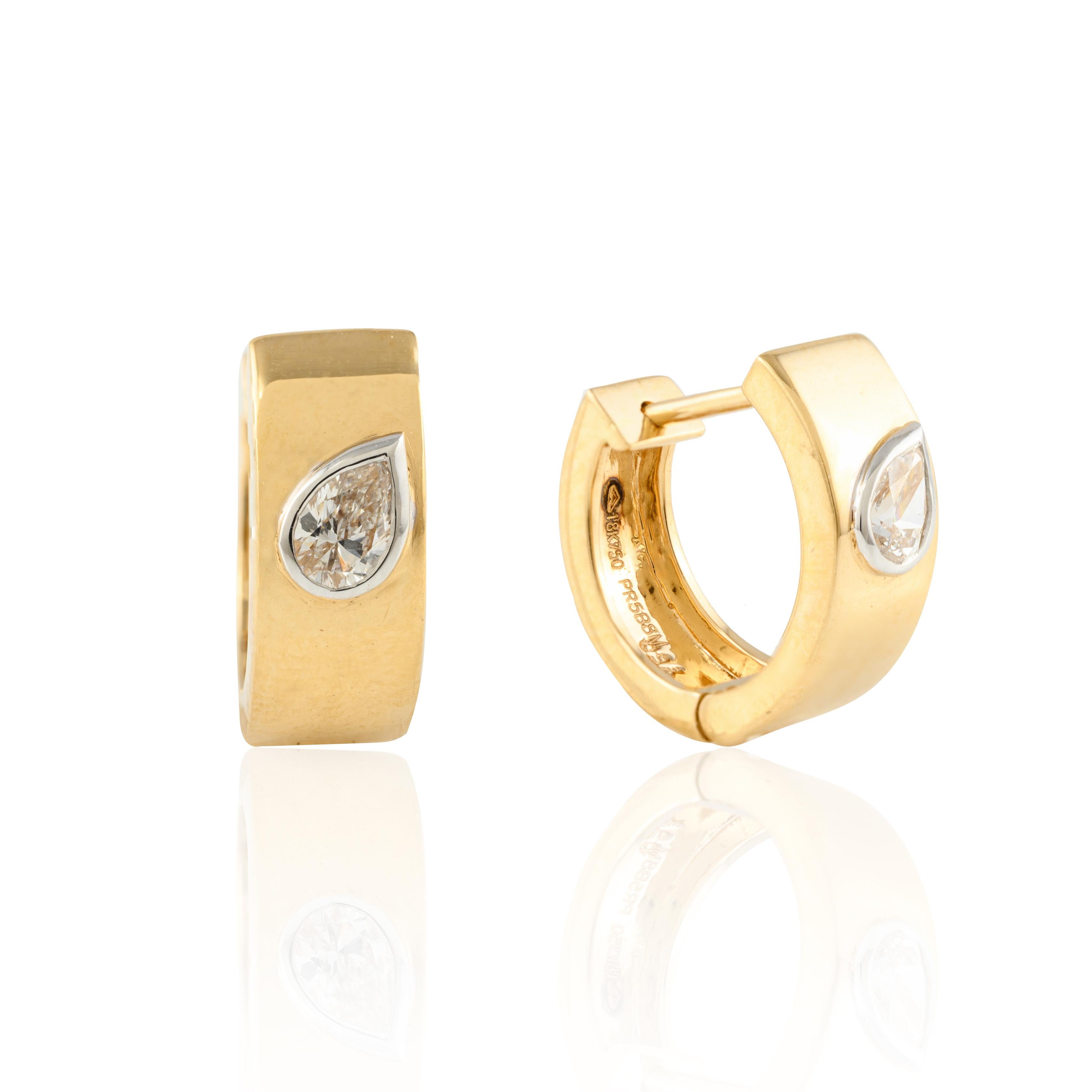 Women's Pear Cut Diamond Huggie Earrings Crafted in 18k Solid Yellow Gold For Sale