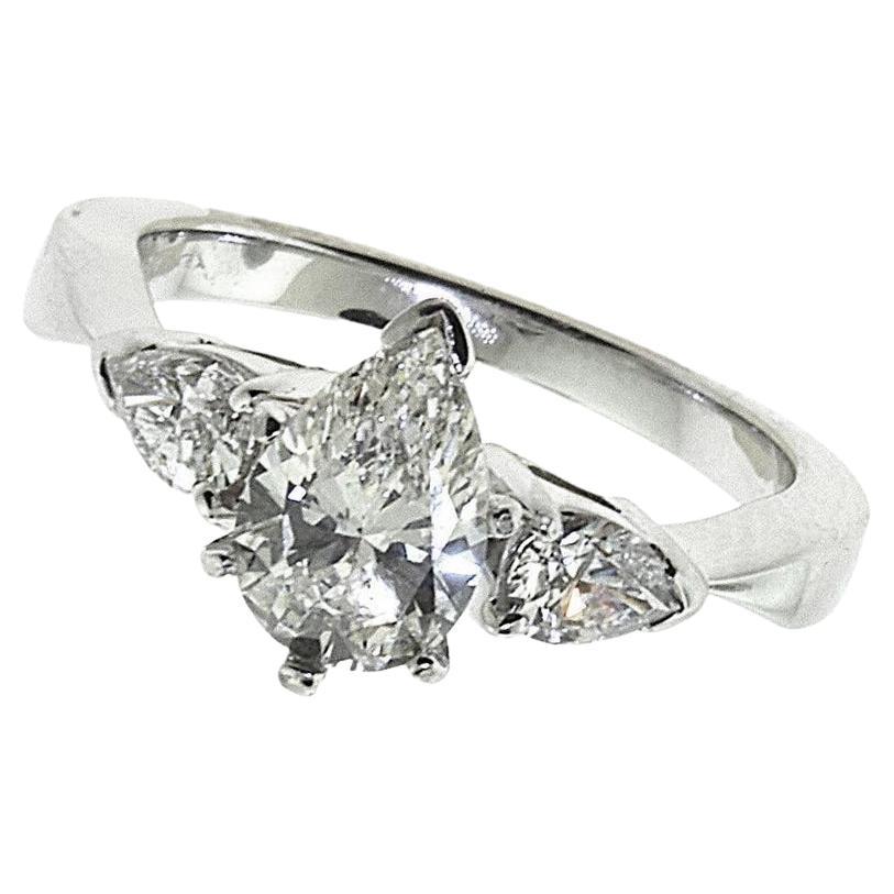 Pear Cut Diamond Three Stone Engagement Ring Set in 18k White Gold 1.61 CTW For Sale