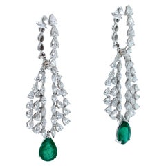 Pear Cut Drop Shape Green Emerald Diamond Feather Luxury 18k White Gold Earrings