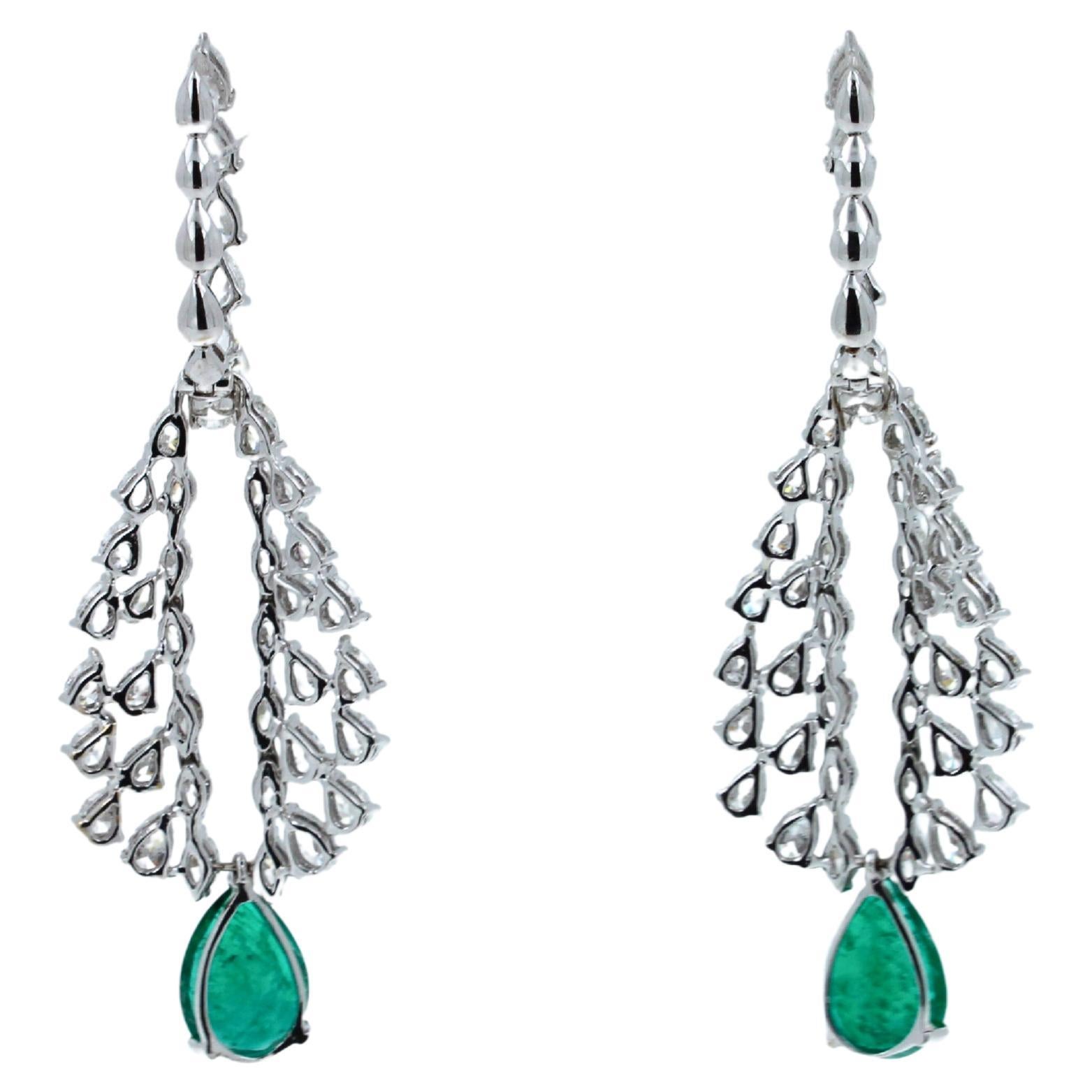 Pear Cut Drop Shape Green Emerald Diamond Feather Luxury 18k White Gold Earrings For Sale 2