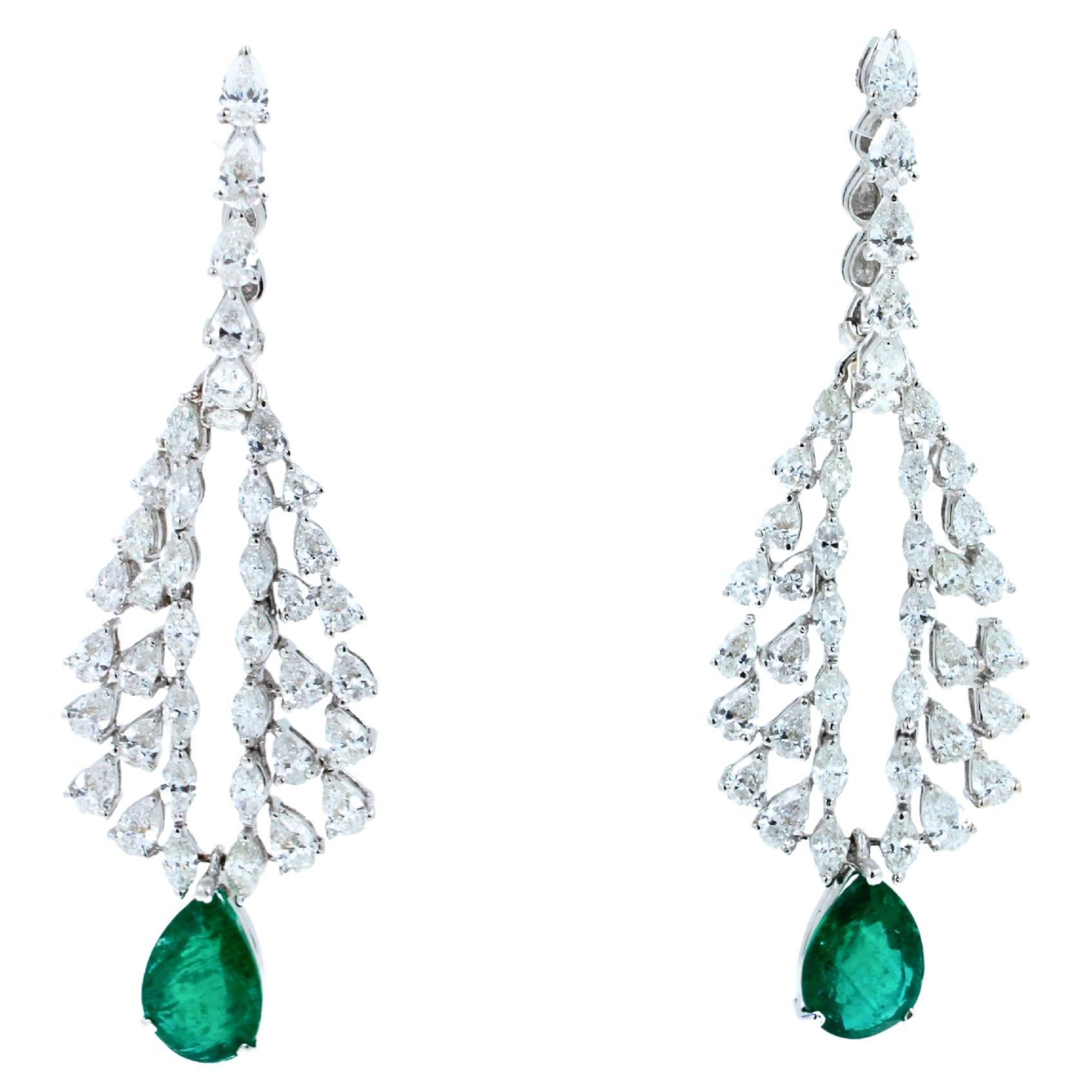 Pear Cut Drop Shape Green Emerald Diamond Feather Luxury 18k White Gold Earrings For Sale